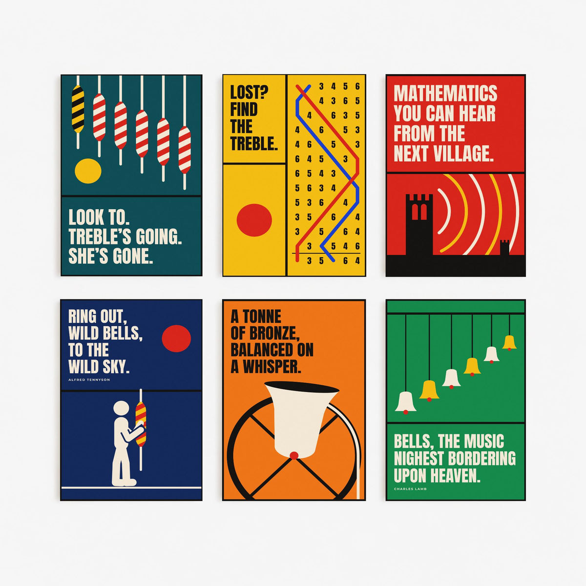 Set of Six Bell Ringing Quote Art Prints - 6 Bauhaus Change Ringing Posters - Minimalist Music Illustration - Church Bells, Treble