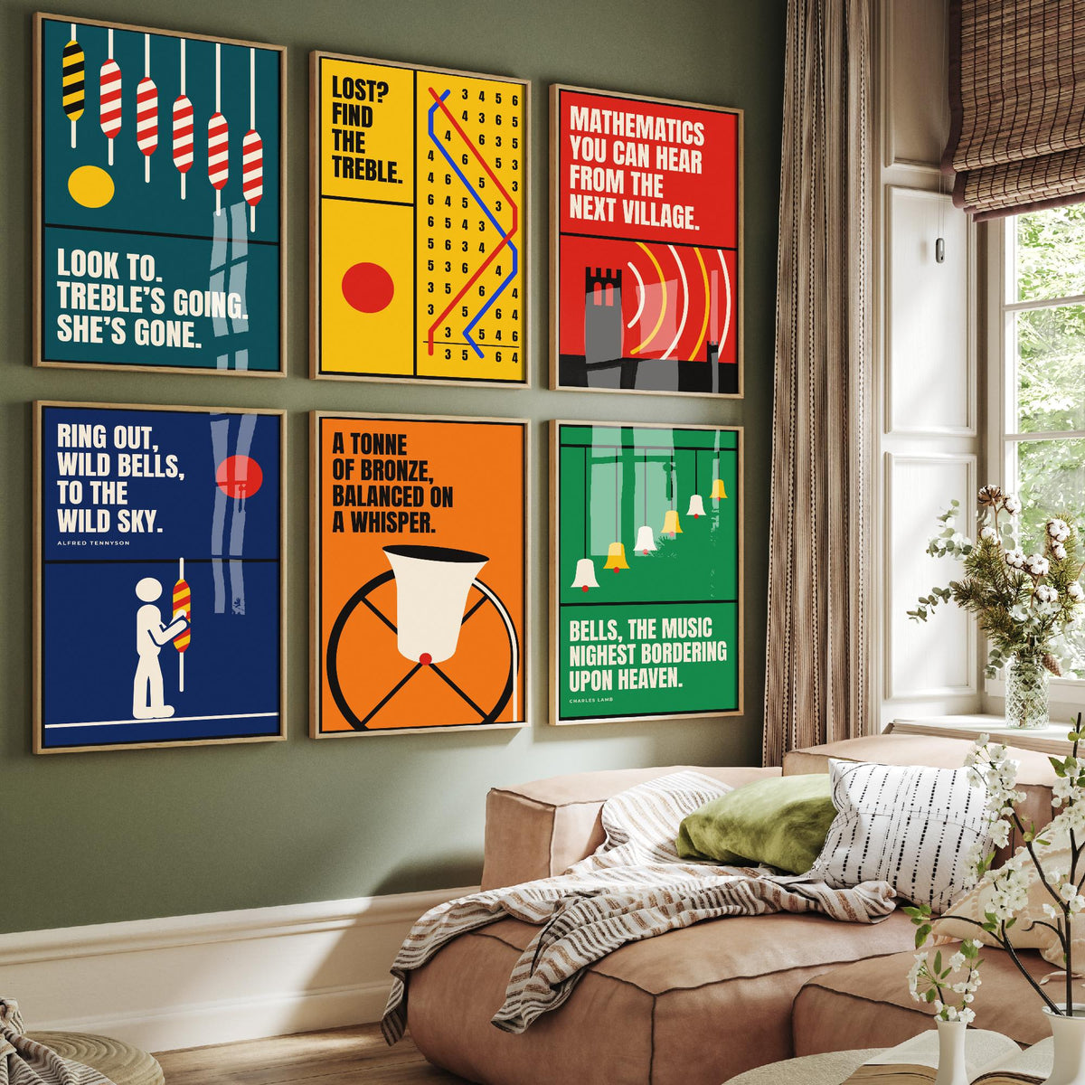 Set of Six Bell Ringing Quote Art Prints - 6 Bauhaus Change Ringing Posters - Minimalist Music Illustration - Church Bells, Treble