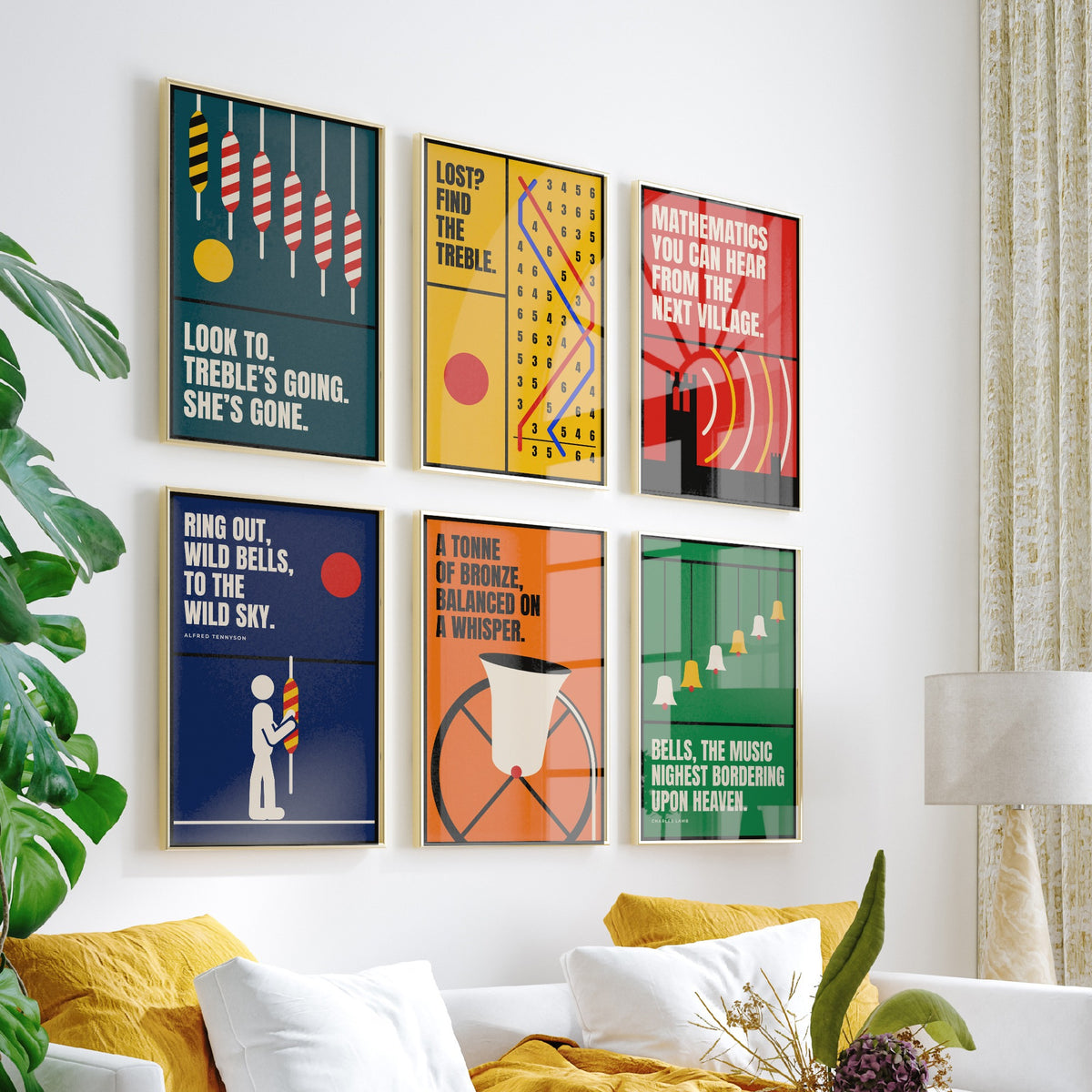 Set of Six Bell Ringing Quote Art Prints - 6 Bauhaus Change Ringing Posters - Minimalist Music Illustration - Church Bells, Treble