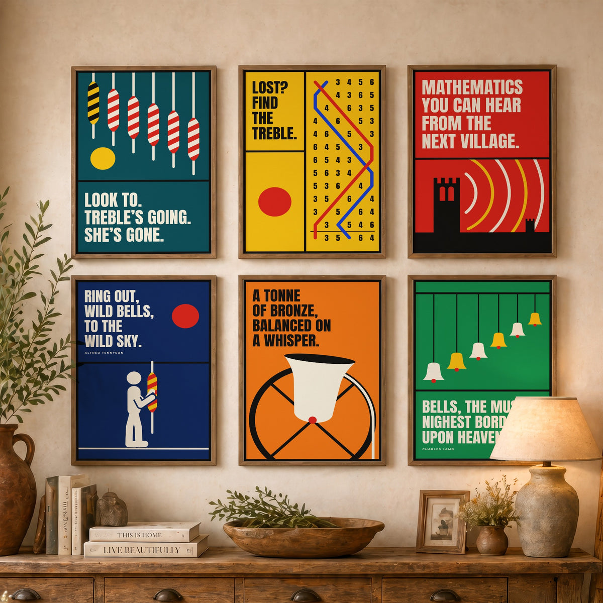 Set of Six Bell Ringing Quote Art Prints - 6 Bauhaus Change Ringing Posters - Minimalist Music Illustration - Church Bells, Treble