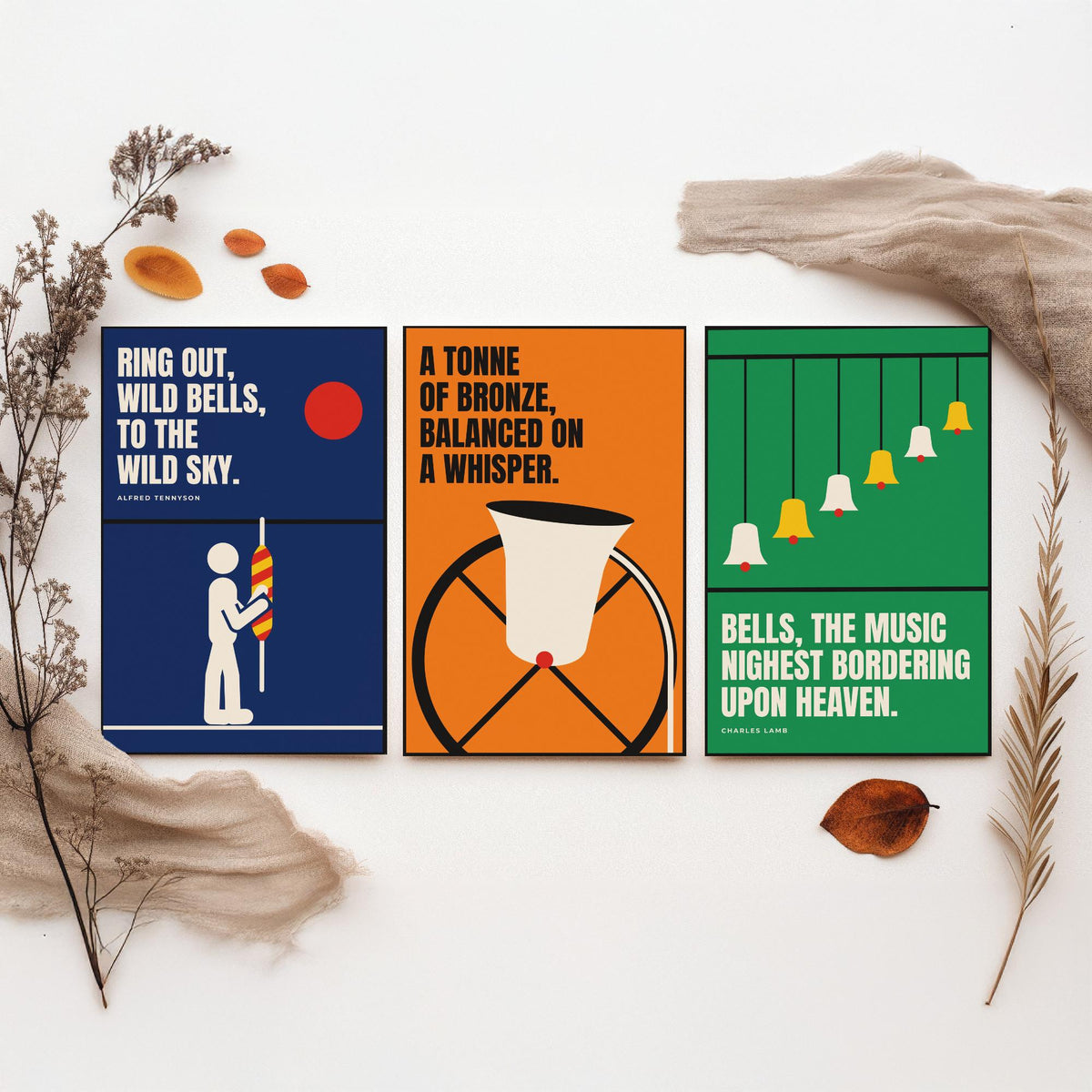 Bell Ringing Quotes Set of Three Art Prints - 3 Retro Bauhaus Change Ringing Posters - Minimalist Music Wall Art Illustration V2