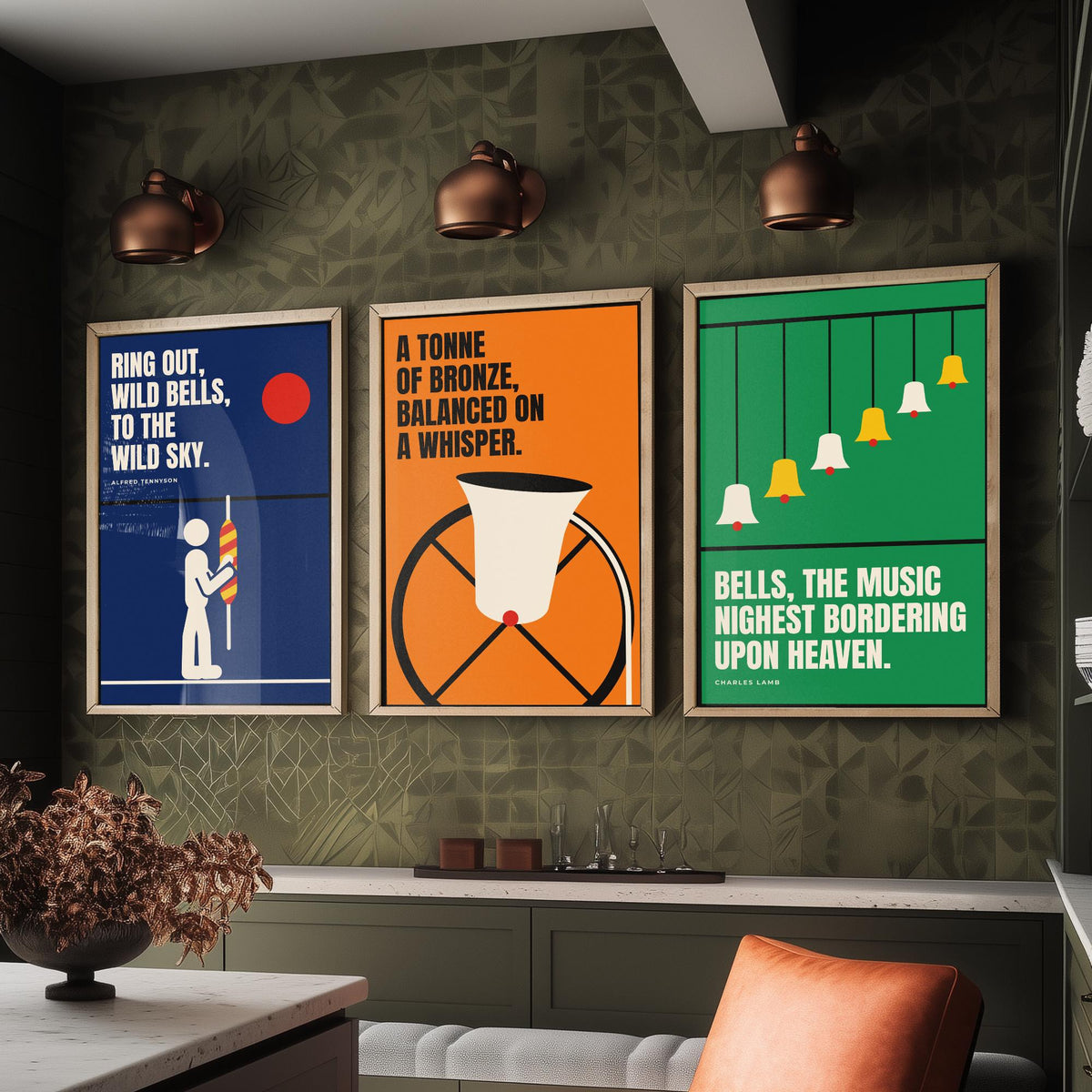 Bell Ringing Quotes Set of Three Art Prints - 3 Retro Bauhaus Change Ringing Posters - Minimalist Music Wall Art Illustration V2