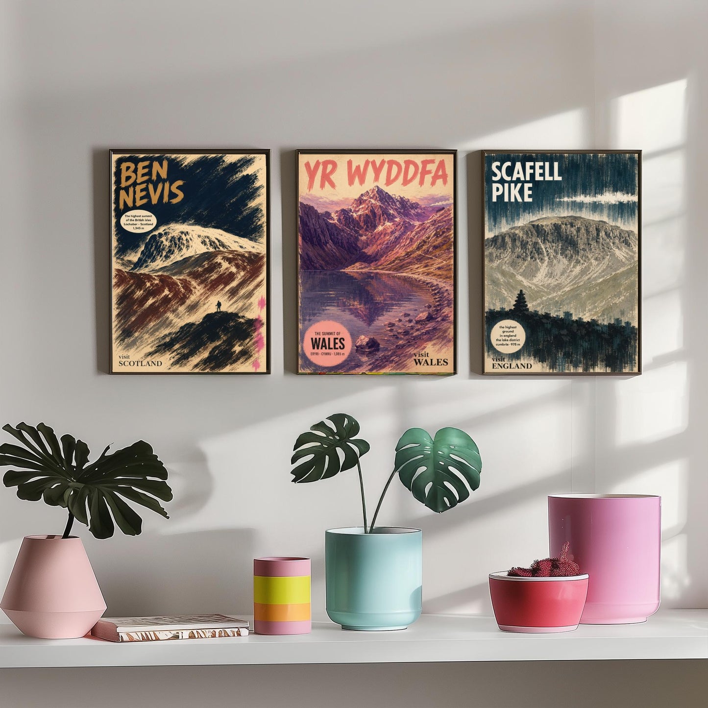 Three Peaks Set of Three Art Prints - Ben Nevis, Yr Wyddfa, Scafell Pike - Vintage Travel Posters - Mountain Gouache Painting V1