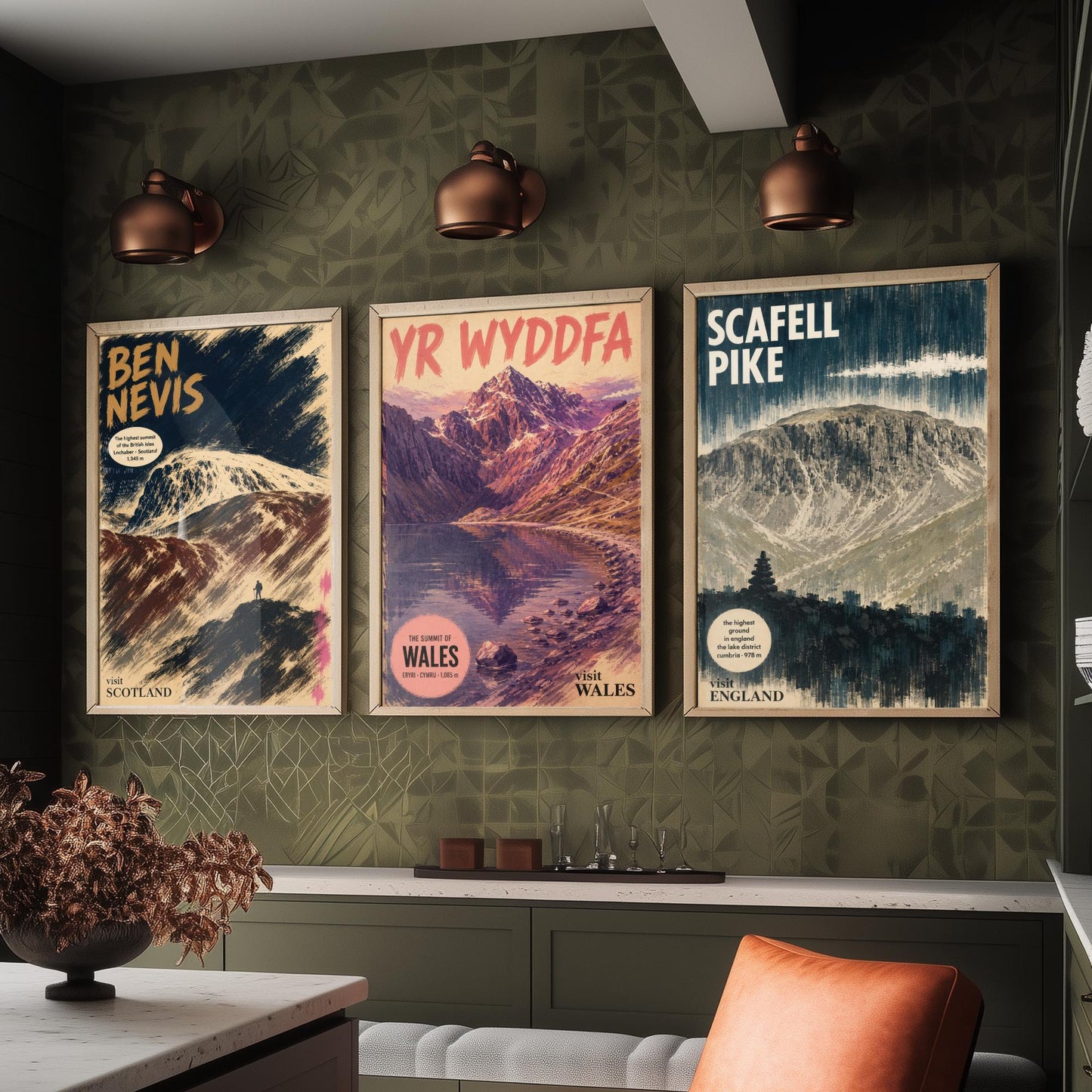 Three Peaks Set of Three Art Prints - Ben Nevis, Yr Wyddfa, Scafell Pike - Vintage Travel Posters - Mountain Gouache Painting V1