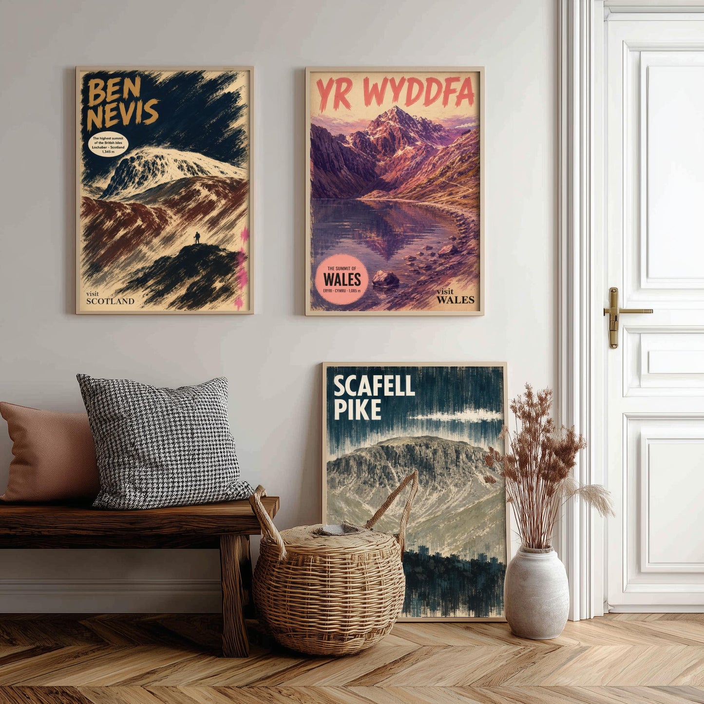 Three Peaks Set of Three Art Prints - Ben Nevis, Yr Wyddfa, Scafell Pike - Vintage Travel Posters - Mountain Gouache Painting V1
