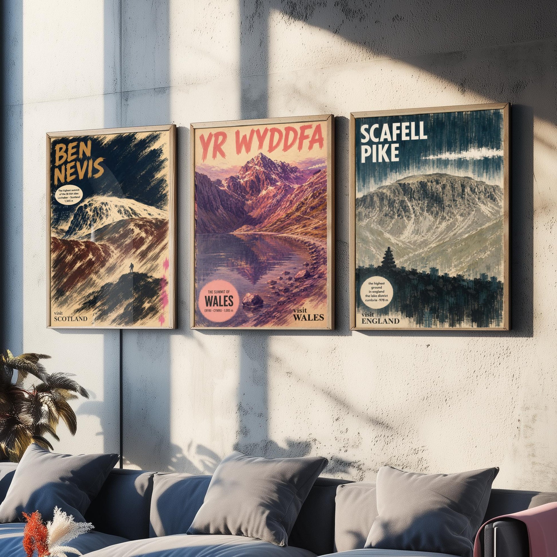 Three Peaks Set of Three Art Prints - Ben Nevis, Yr Wyddfa, Scafell Pike - Vintage Travel Posters - Mountain Gouache Painting V1