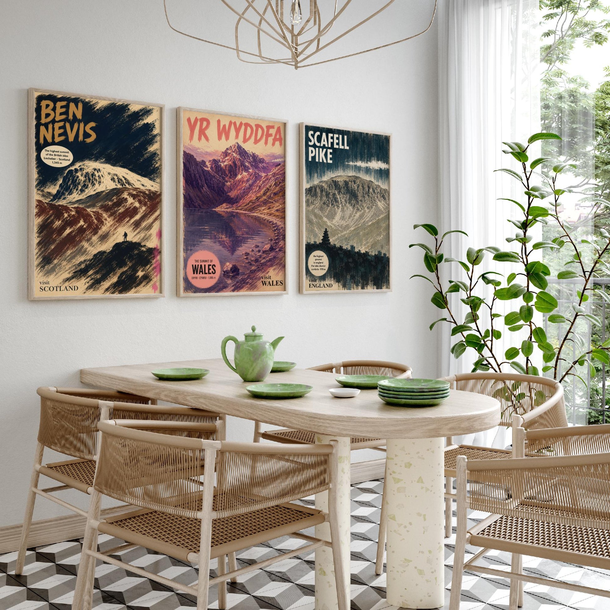Three Peaks Set of Three Art Prints - Ben Nevis, Yr Wyddfa, Scafell Pike - Vintage Travel Posters - Mountain Gouache Painting V1