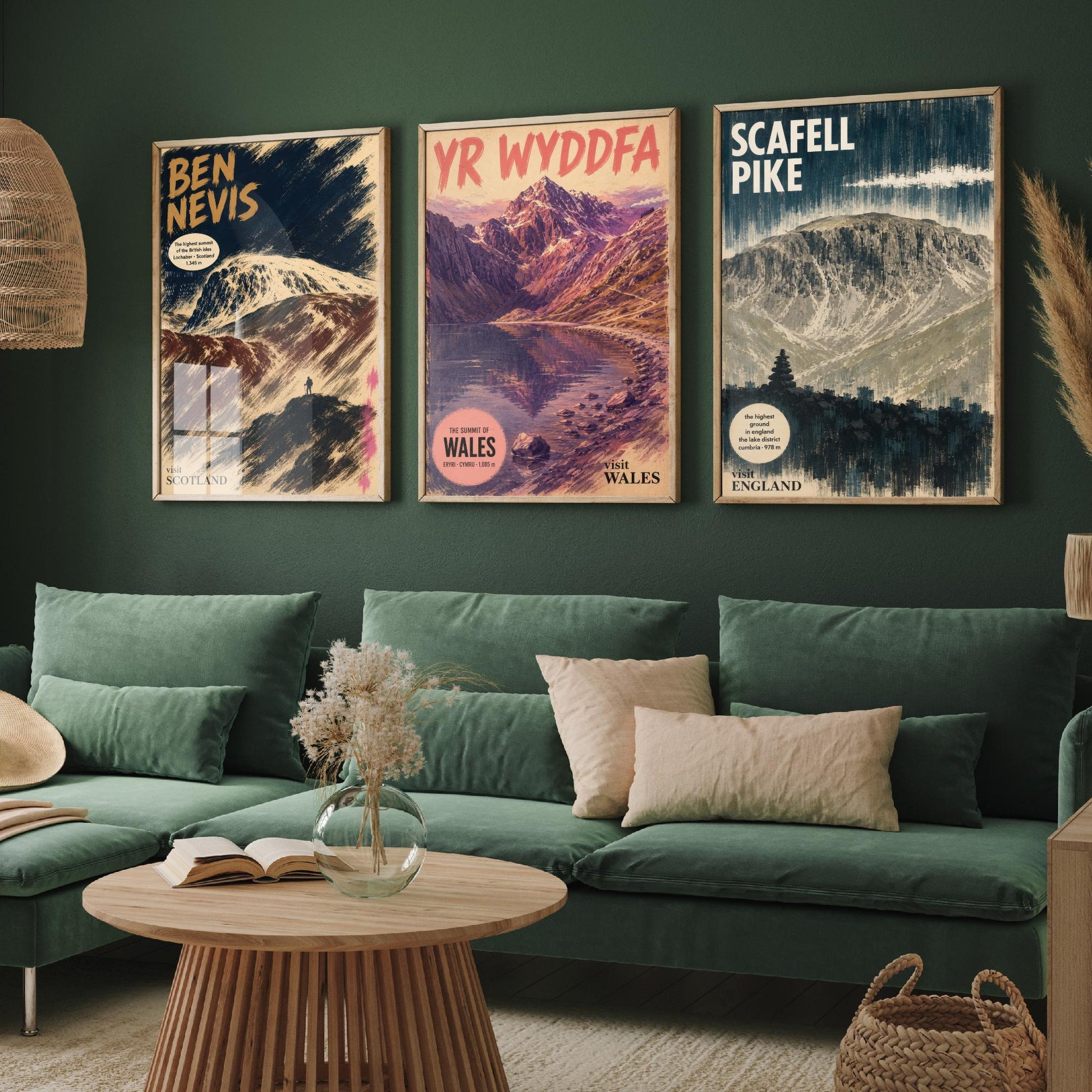 Three Peaks Set of Three Art Prints - Ben Nevis, Yr Wyddfa, Scafell Pike - Vintage Travel Posters - Mountain Gouache Painting V1