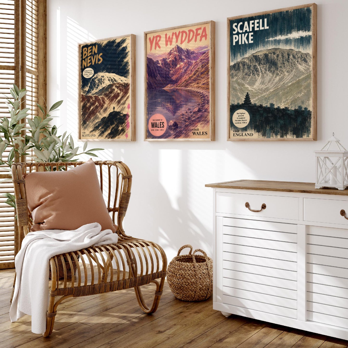 Three Peaks Set of Three Art Prints - Ben Nevis, Yr Wyddfa, Scafell Pike - Vintage Travel Posters - Mountain Gouache Painting V1