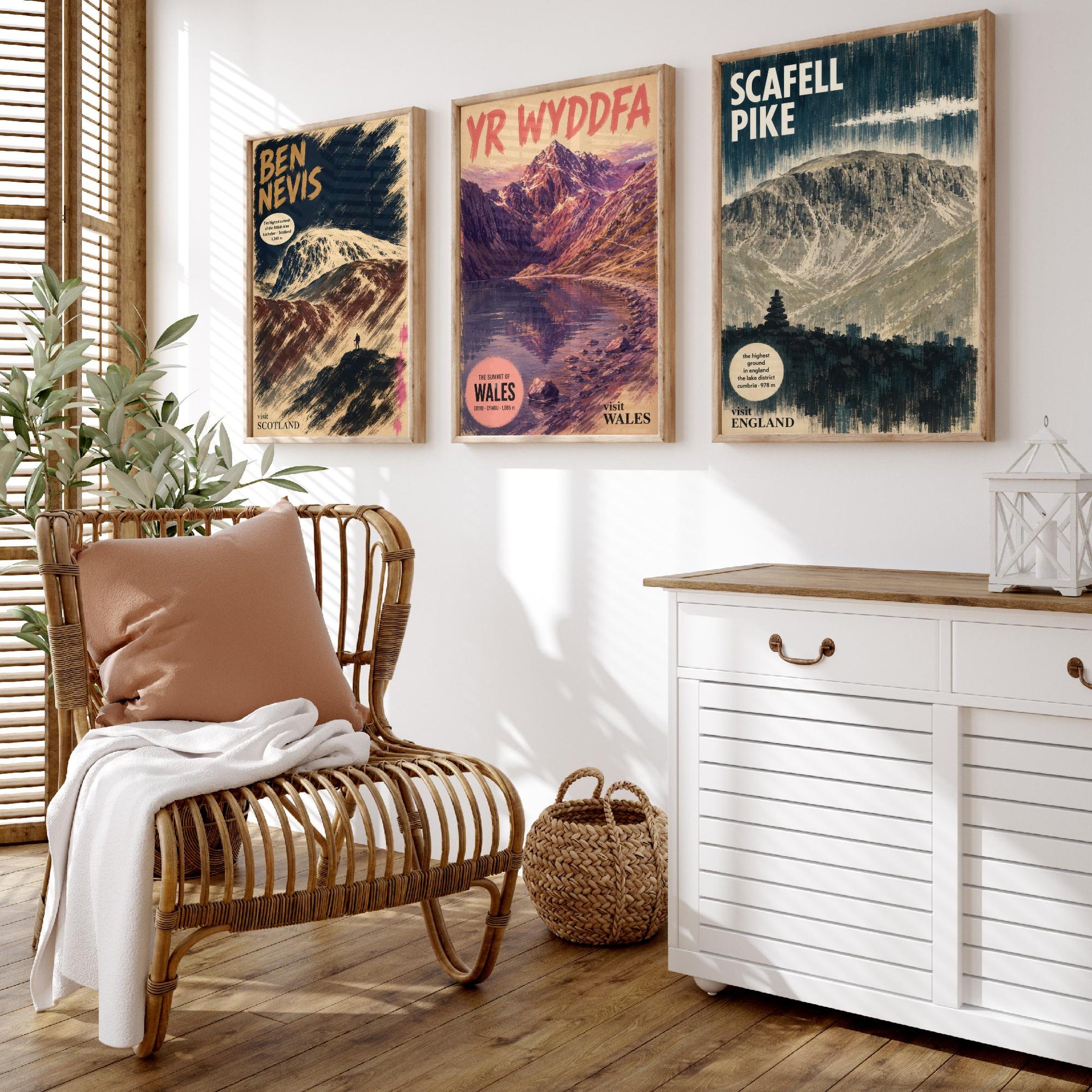 Three Peaks Set of Three Art Prints - Ben Nevis, Yr Wyddfa, Scafell Pike - Vintage Travel Posters - Mountain Gouache Painting V1
