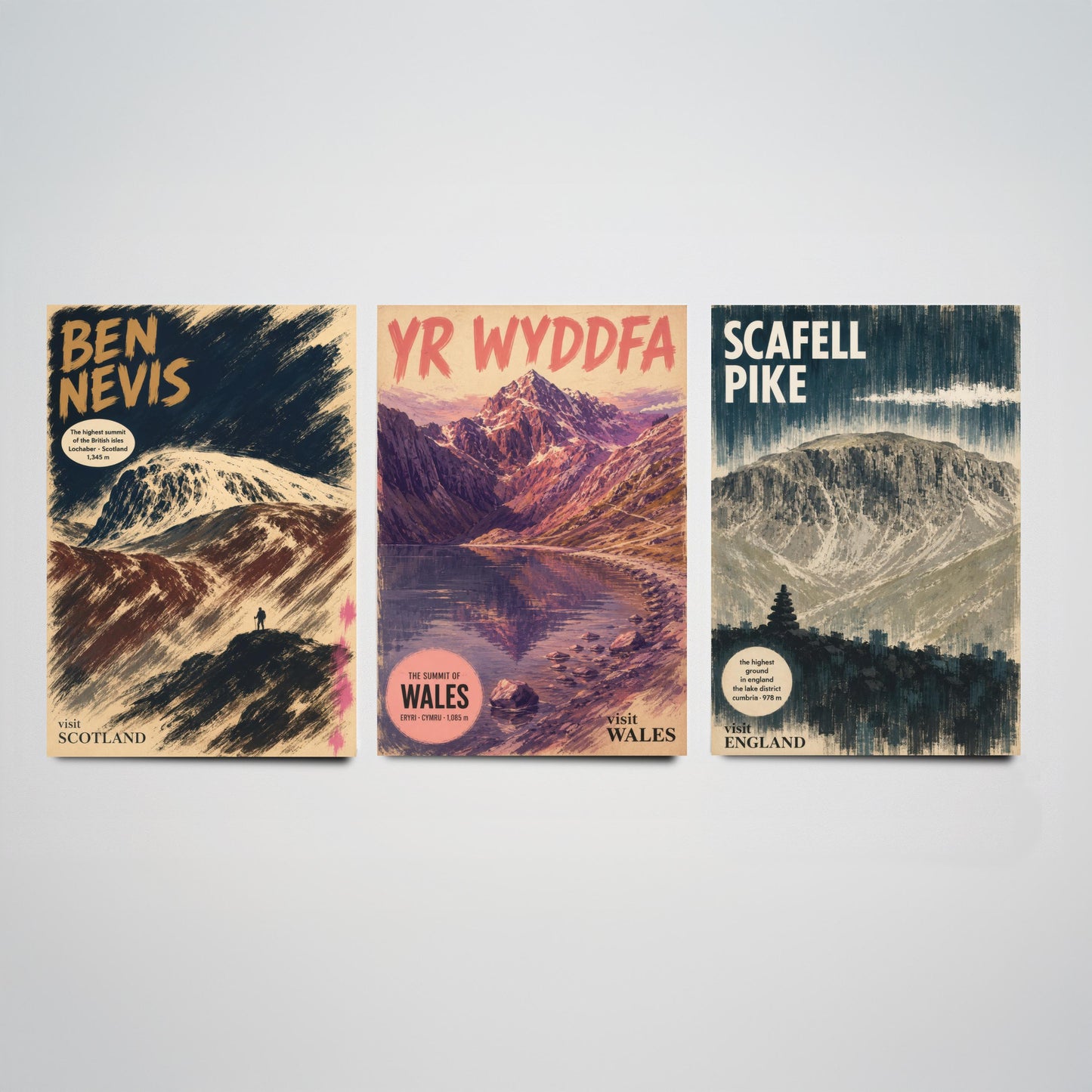 Three Peaks Set of Three Art Prints - Ben Nevis, Yr Wyddfa, Scafell Pike - Vintage Travel Posters - Mountain Gouache Painting V1