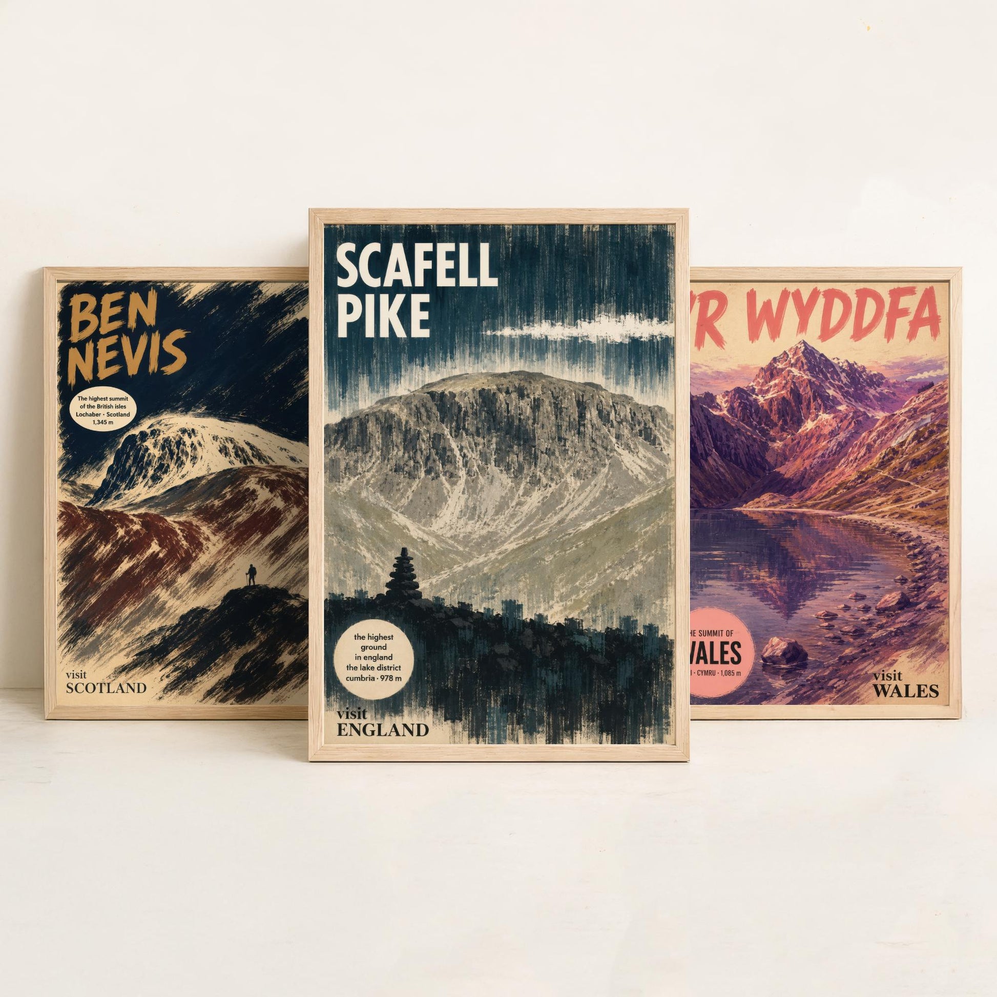 Three Peaks Set of Three Art Prints - Ben Nevis, Yr Wyddfa, Scafell Pike - Vintage Travel Posters - Mountain Gouache Painting V1