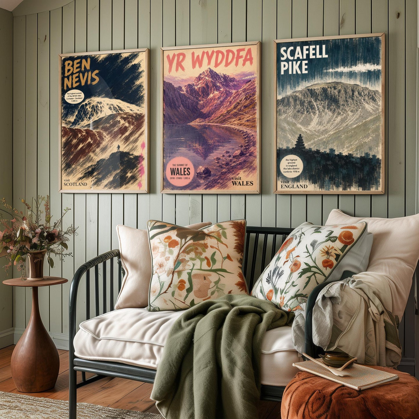 Three Peaks Set of Three Art Prints - Ben Nevis, Yr Wyddfa, Scafell Pike - Vintage Travel Posters - Mountain Gouache Painting V1