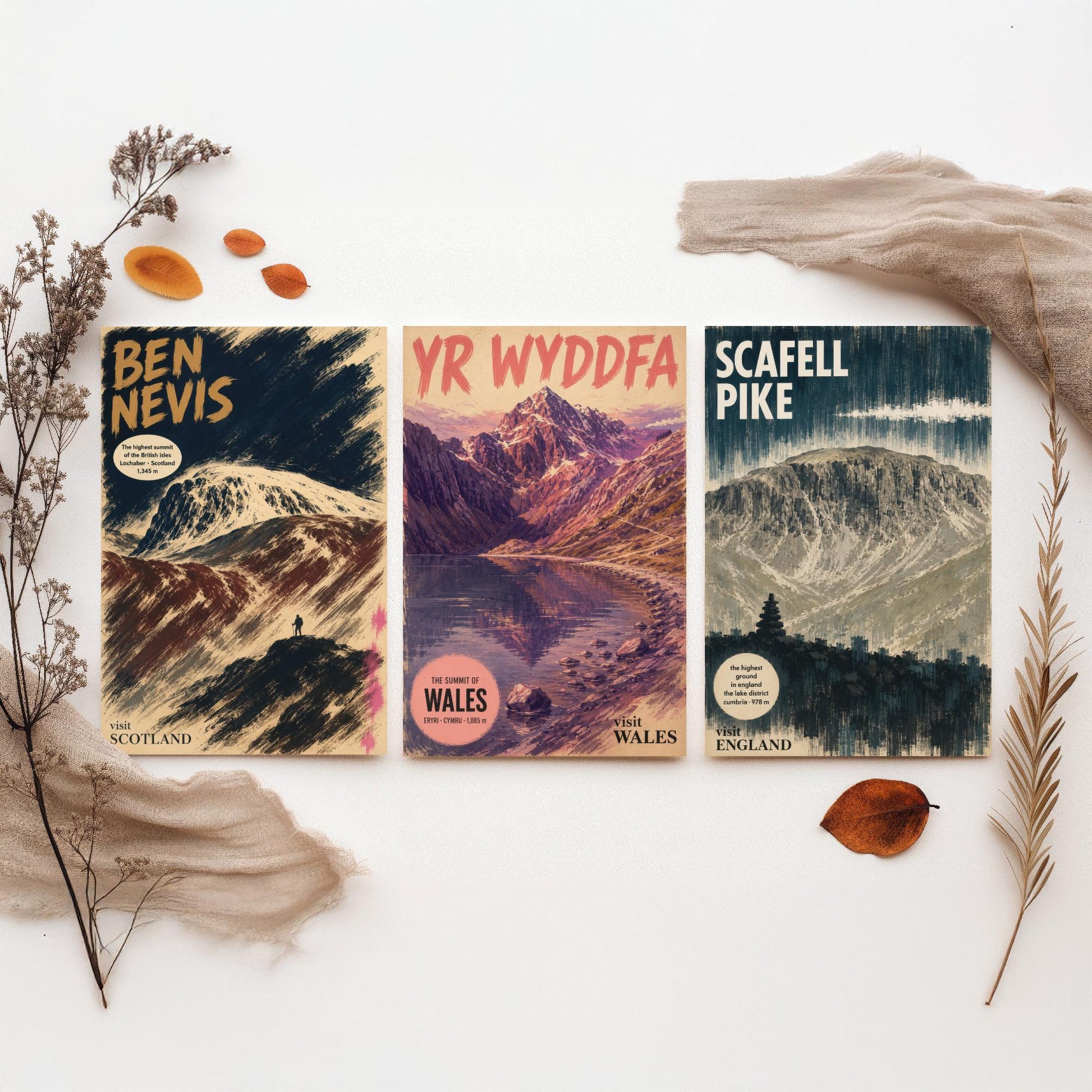 Three Peaks Set of Three Art Prints - Ben Nevis, Yr Wyddfa, Scafell Pike - Vintage Travel Posters - Mountain Gouache Painting V1