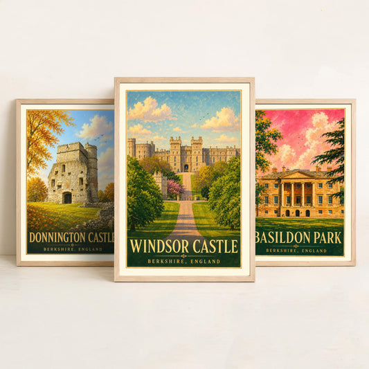 Berkshire England Set of Three Prints | Donnington Castle Basildon Park Windsor Castle | Vintage Travel Poster Painting Art