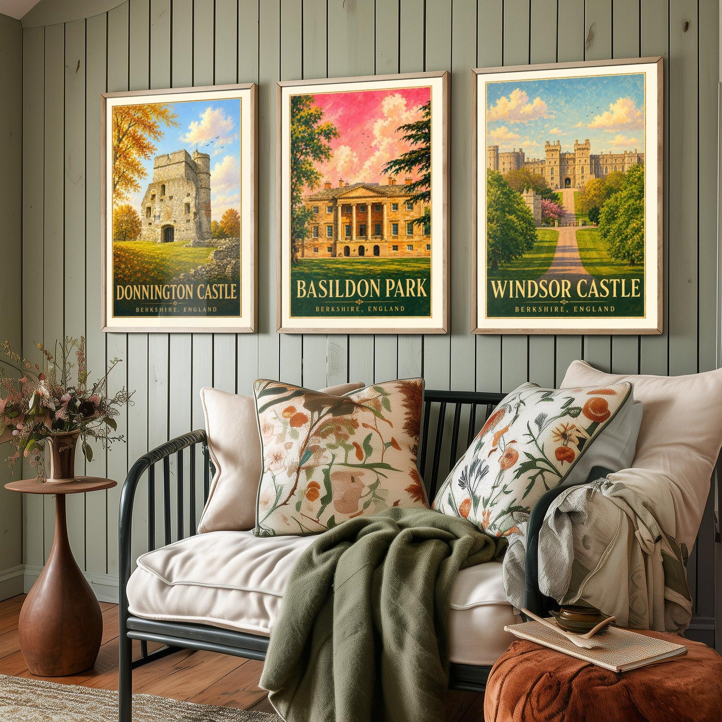 Berkshire England Set of Three Prints | Donnington Castle Basildon Park Windsor Castle | Vintage Travel Poster Painting Art