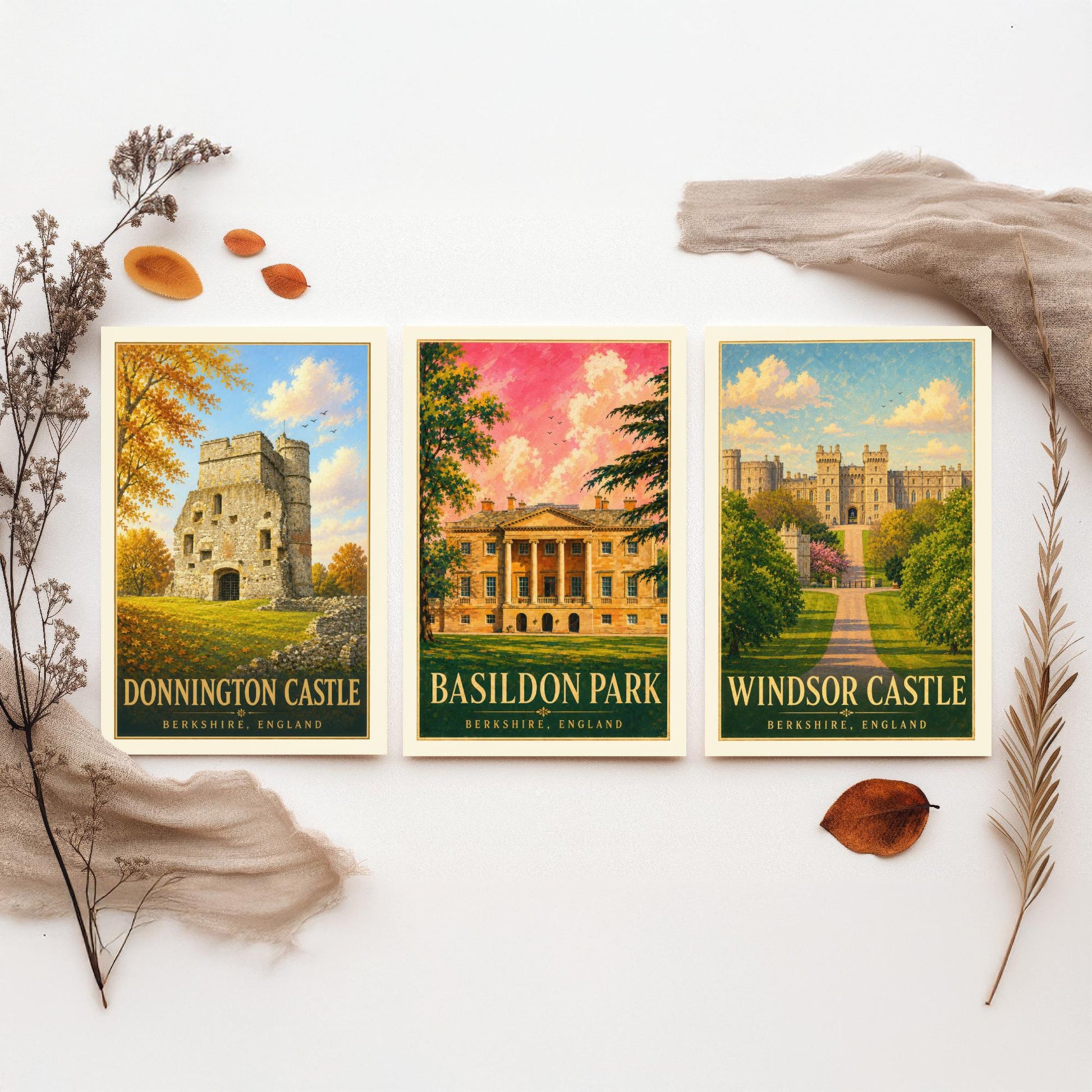 Berkshire England Set of Three Prints | Donnington Castle Basildon Park Windsor Castle | Vintage Travel Poster Painting Art