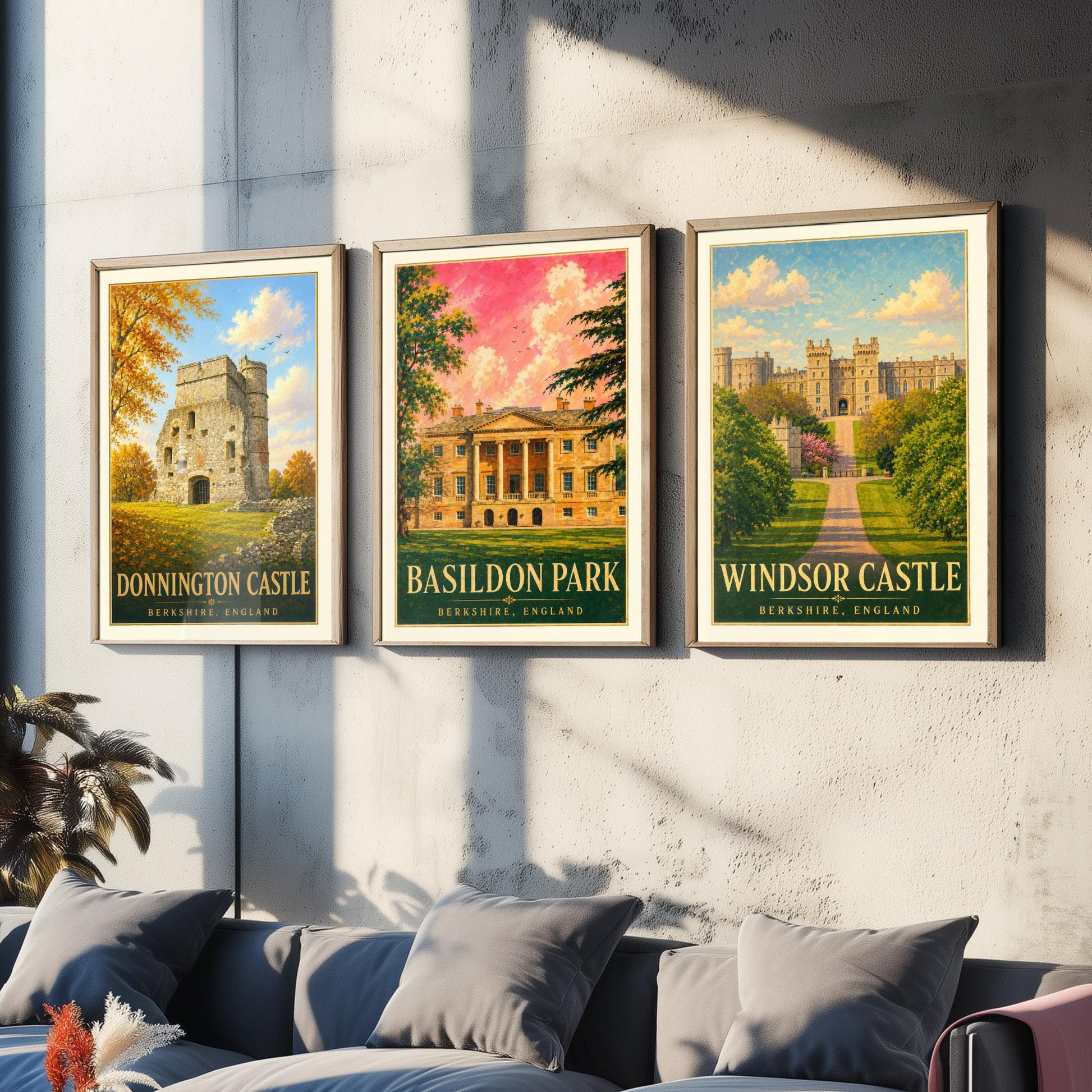 Berkshire England Set of Three Prints | Donnington Castle Basildon Park Windsor Castle | Vintage Travel Poster Painting Art