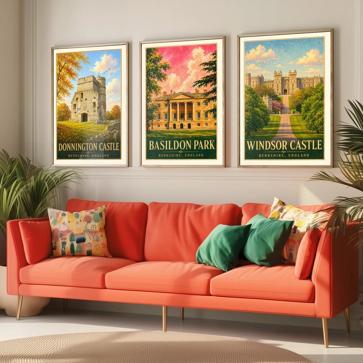 Berkshire England Set of Three Prints | Donnington Castle Basildon Park Windsor Castle | Vintage Travel Poster Painting Art