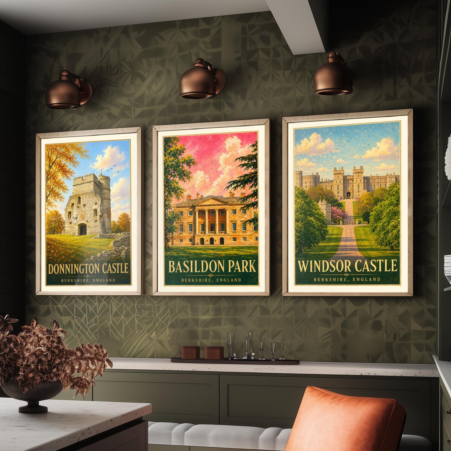 Berkshire England Set of Three Prints | Donnington Castle Basildon Park Windsor Castle | Vintage Travel Poster Painting Art