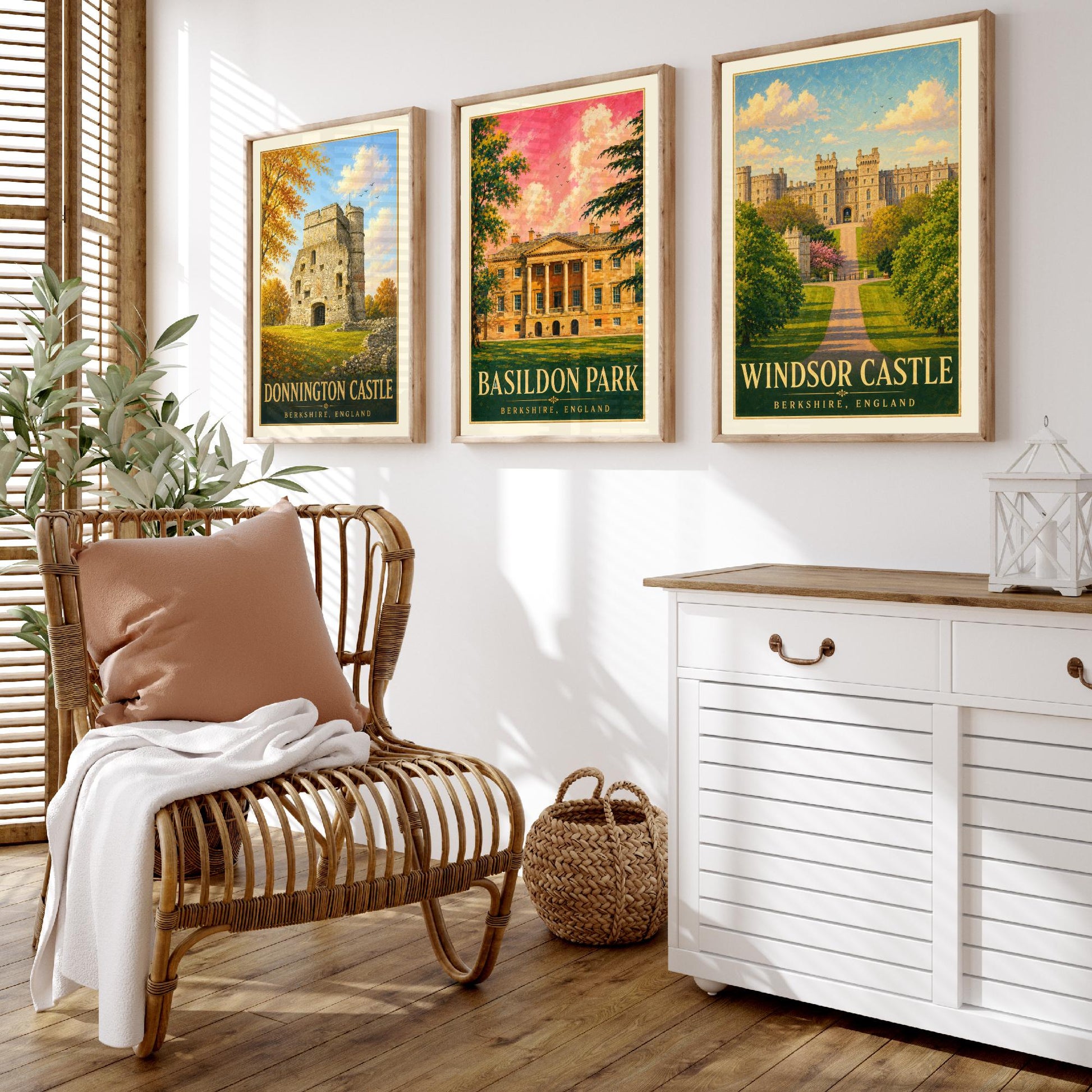 Berkshire England Set of Three Prints | Donnington Castle Basildon Park Windsor Castle | Vintage Travel Poster Painting Art