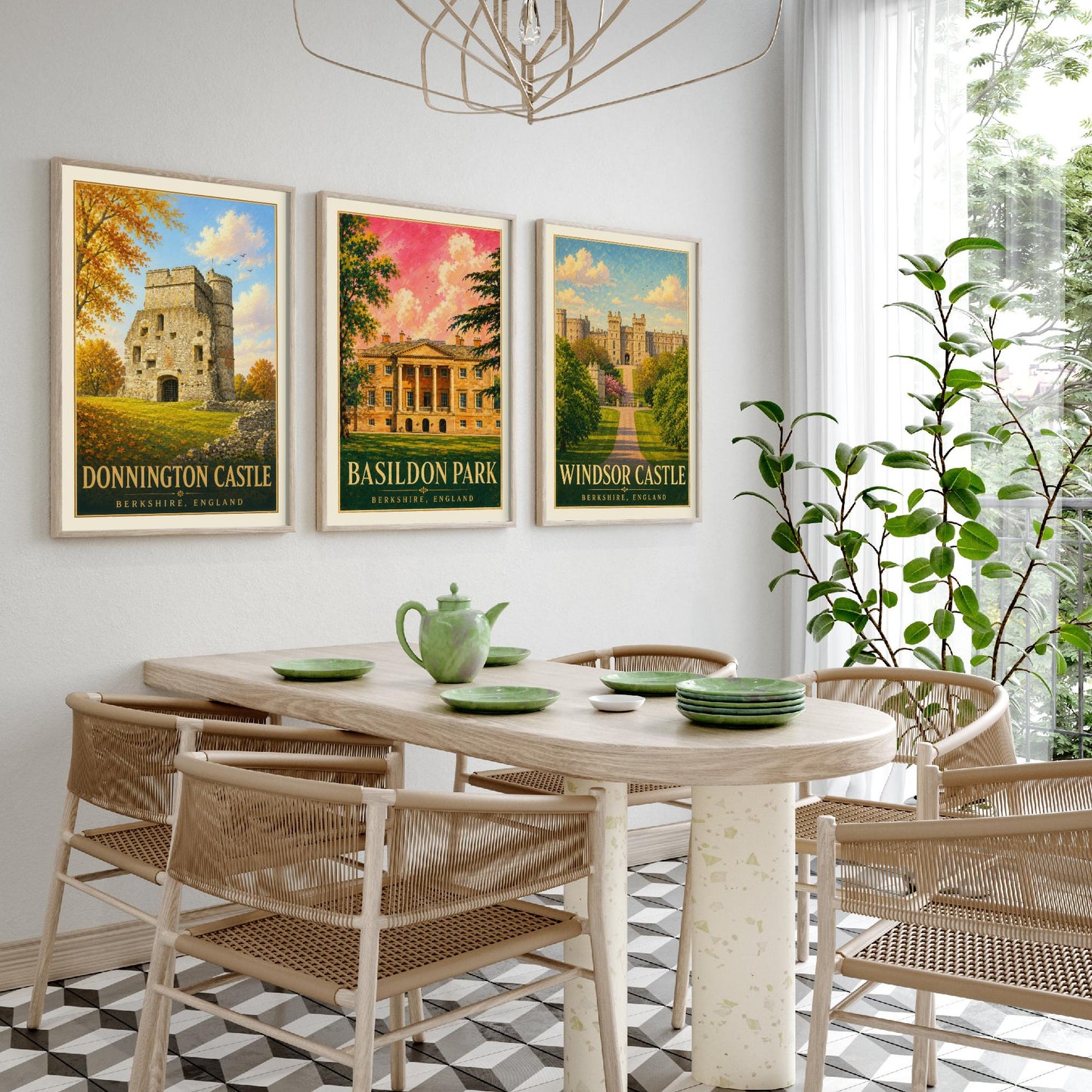 Berkshire England Set of Three Prints | Donnington Castle Basildon Park Windsor Castle | Vintage Travel Poster Painting Art