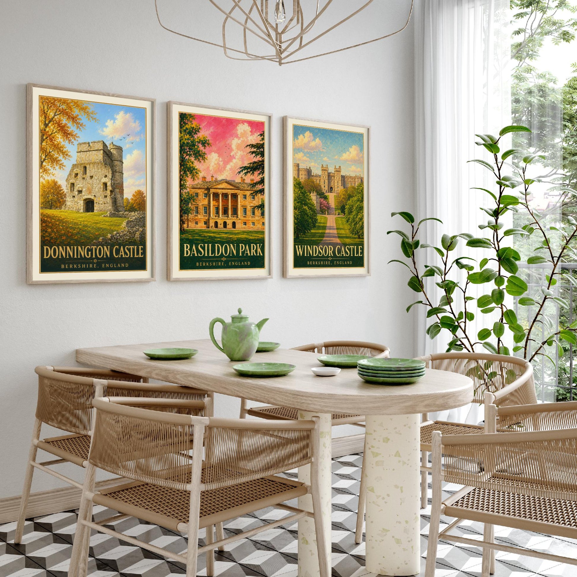Berkshire England Set of Three Prints | Donnington Castle Basildon Park Windsor Castle | Vintage Travel Poster Painting Art