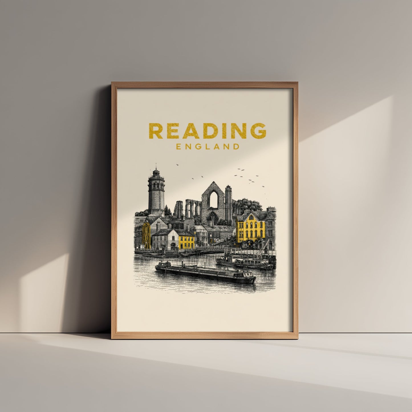 Reading England Travel Poster - Vintage Duotone Art Print - Engraved City Illustration - Abbey and Waterfront 1/3