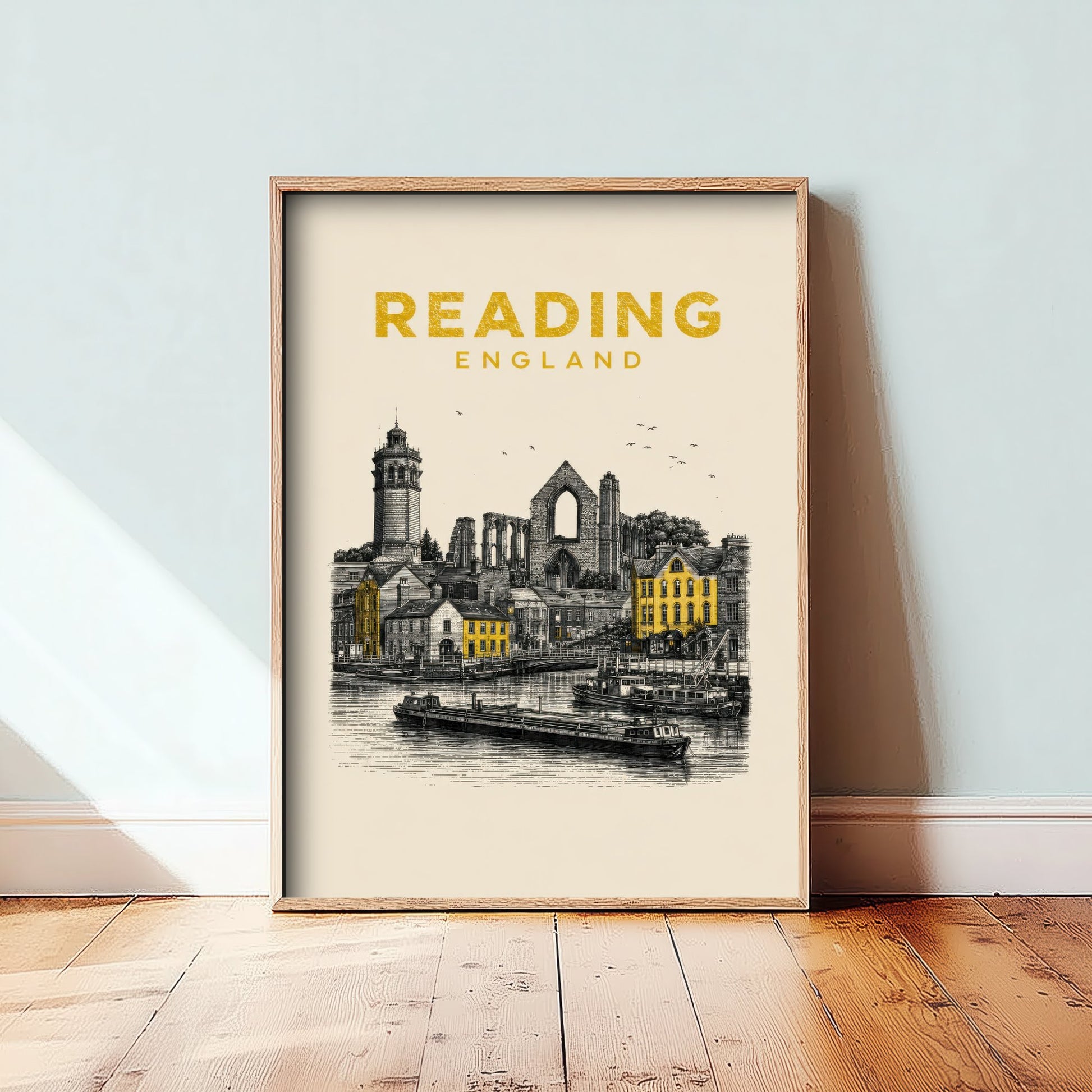 Reading England Travel Poster - Vintage Duotone Art Print - Engraved City Illustration - Abbey and Waterfront 1/3