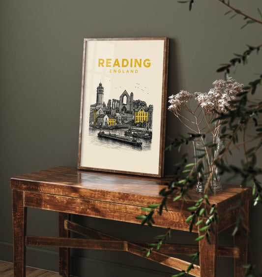 Reading England Travel Poster - Vintage Duotone Art Print - Engraved City Illustration - Abbey and Waterfront 1/3
