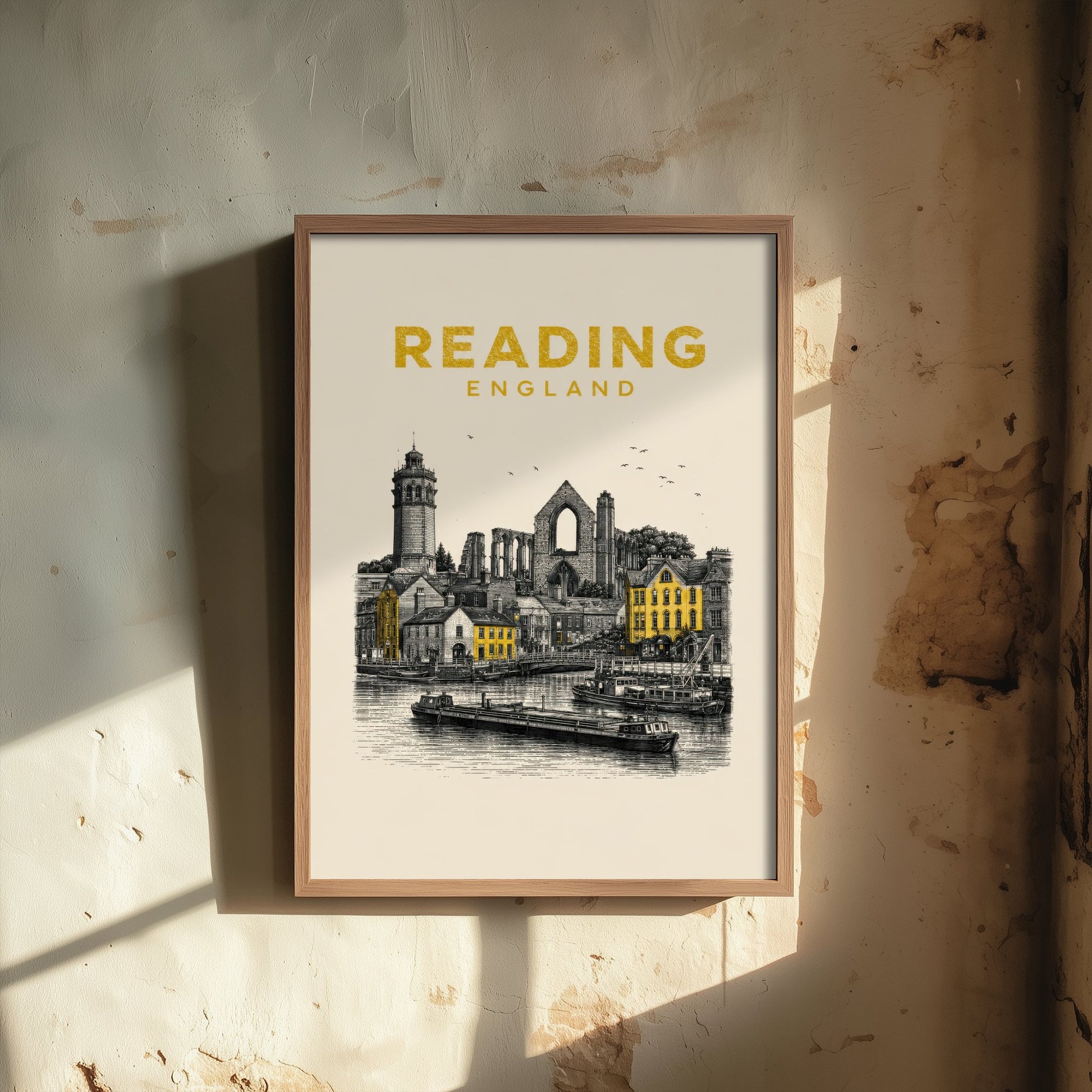 Reading England Travel Poster - Vintage Duotone Art Print - Engraved City Illustration - Abbey and Waterfront 1/3