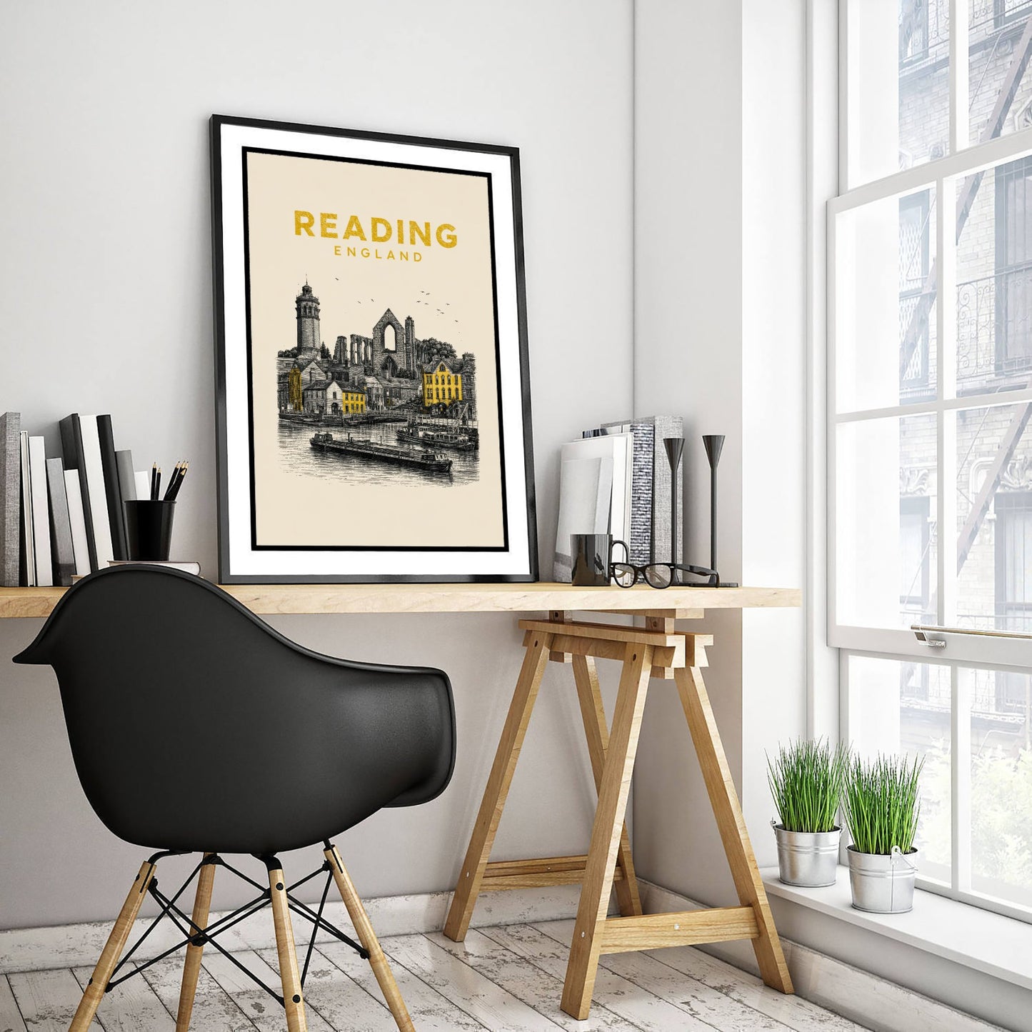 Reading England Travel Poster - Vintage Duotone Art Print - Engraved City Illustration - Abbey and Waterfront 1/3