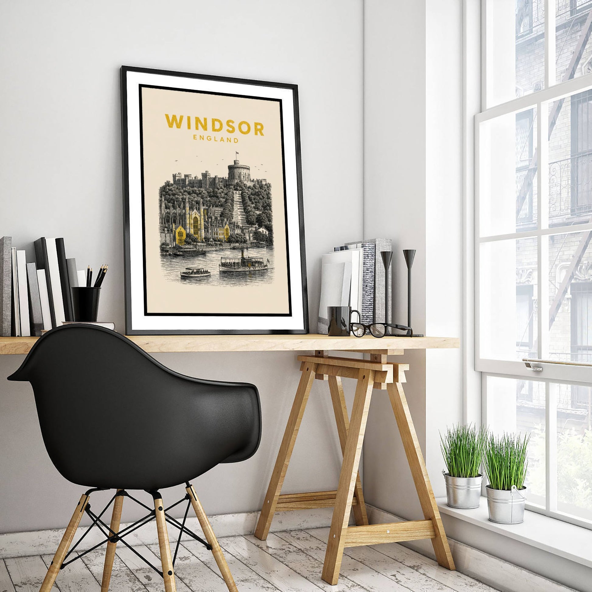 Windsor England Travel Poster - Vintage Duotone Art Print - Engraved City Illustration - Castle on the Thames 2/3