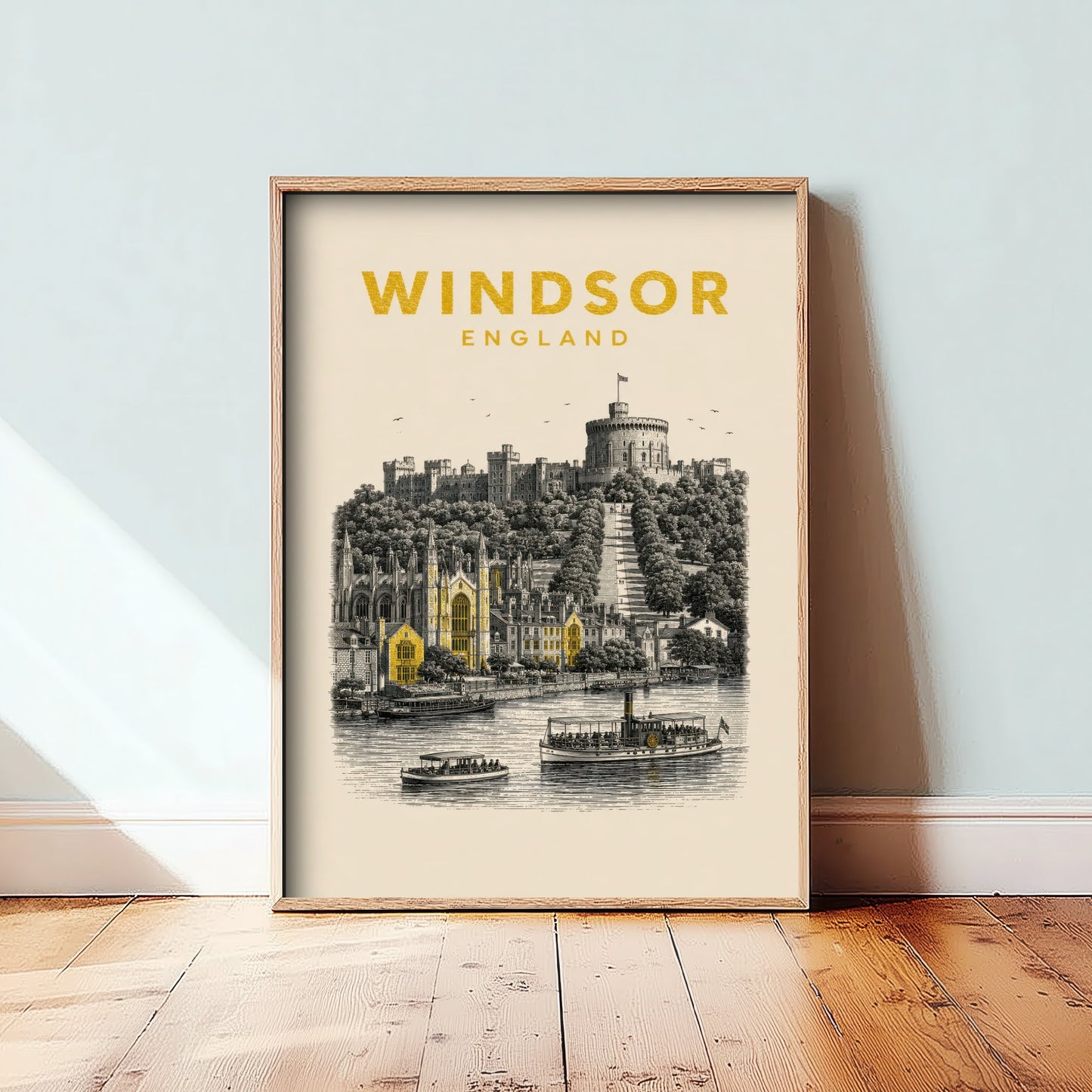 Windsor England Travel Poster - Vintage Duotone Art Print - Engraved City Illustration - Castle on the Thames 2/3