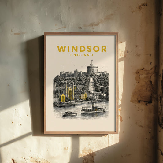 Windsor England Travel Poster - Vintage Duotone Art Print - Engraved City Illustration - Castle on the Thames 2/3