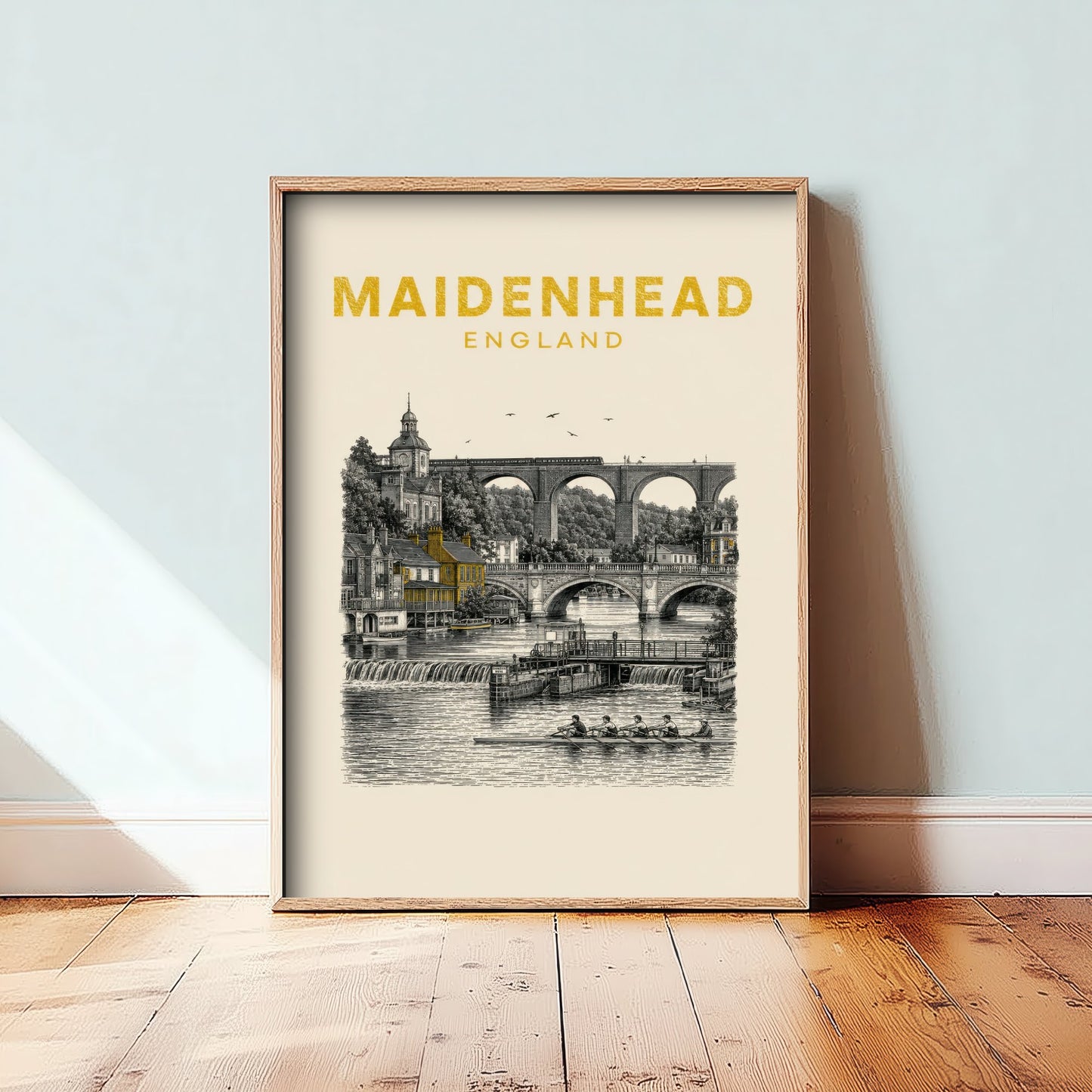 Maidenhead England Travel Poster - Vintage Duotone Art Print - Engraved City Illustration - Railway Bridge and River 3/3