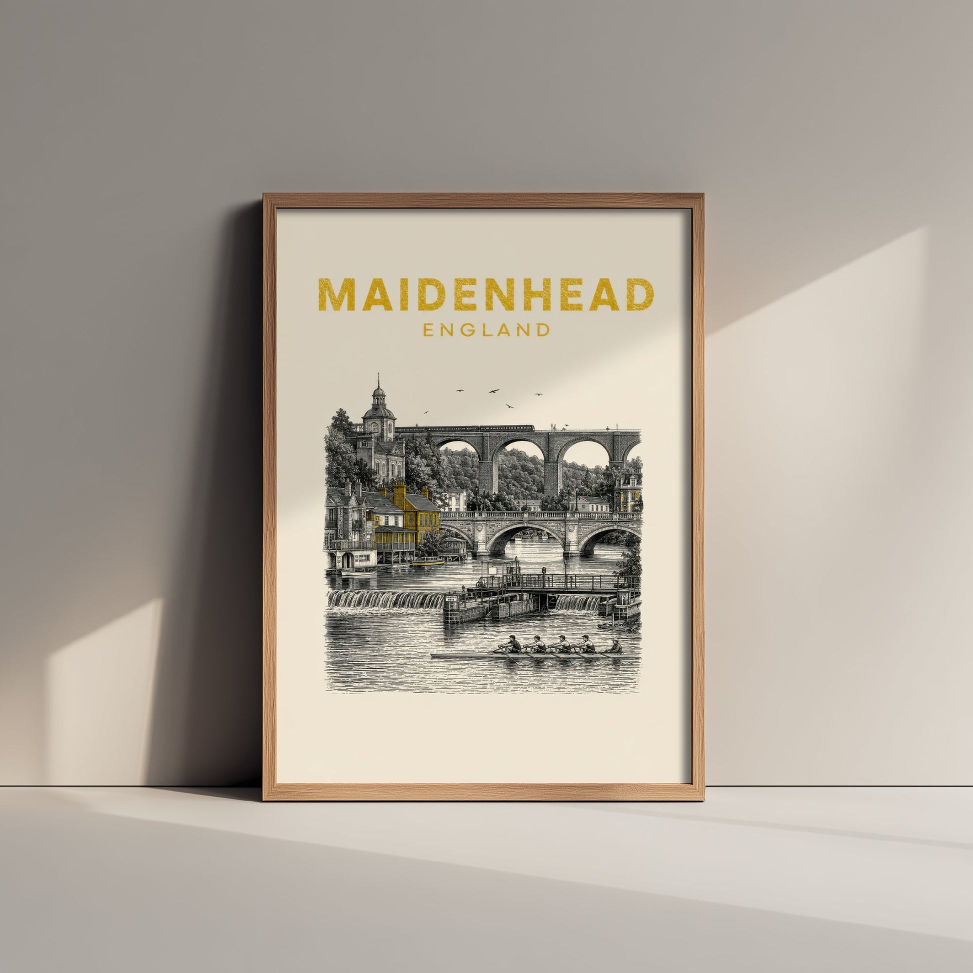 Maidenhead England Travel Poster - Vintage Duotone Art Print - Engraved City Illustration - Railway Bridge and River 3/3