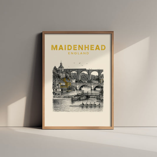 Maidenhead England Travel Poster - Vintage Duotone Art Print - Engraved City Illustration - Railway Bridge and River 3/3