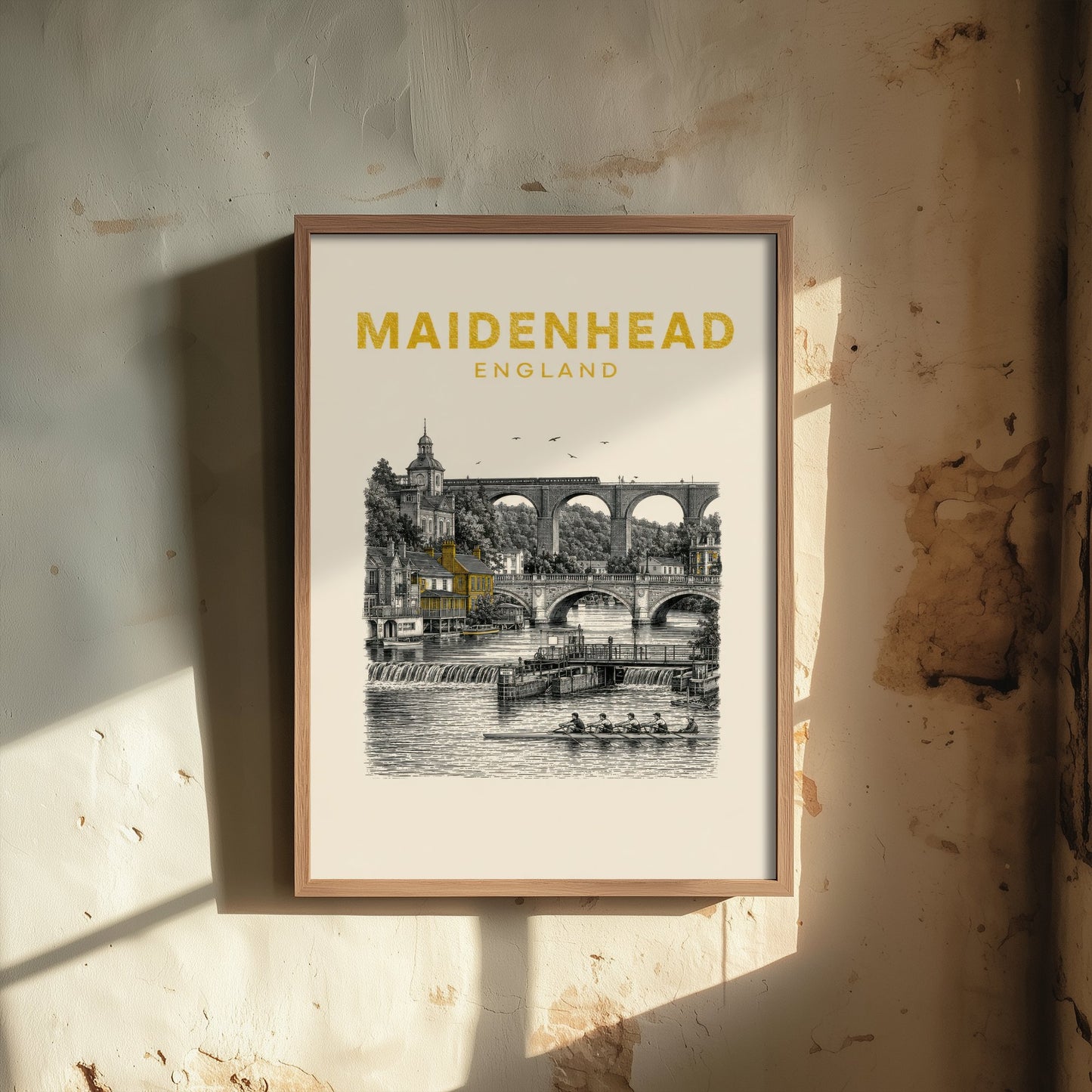Maidenhead England Travel Poster - Vintage Duotone Art Print - Engraved City Illustration - Railway Bridge and River 3/3