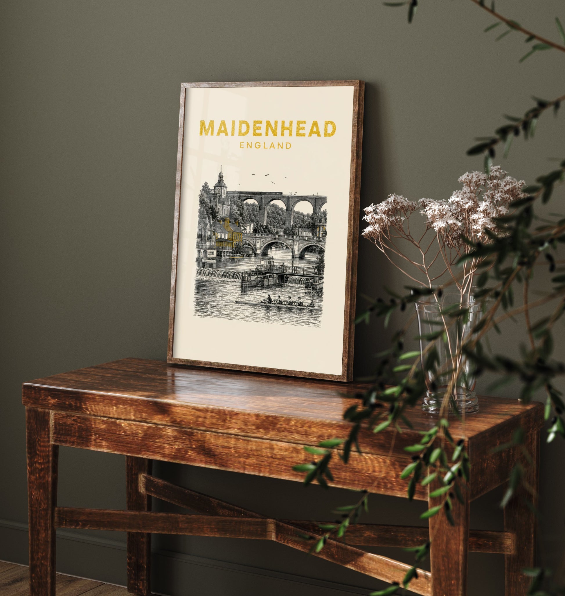 Maidenhead England Travel Poster - Vintage Duotone Art Print - Engraved City Illustration - Railway Bridge and River 3/3