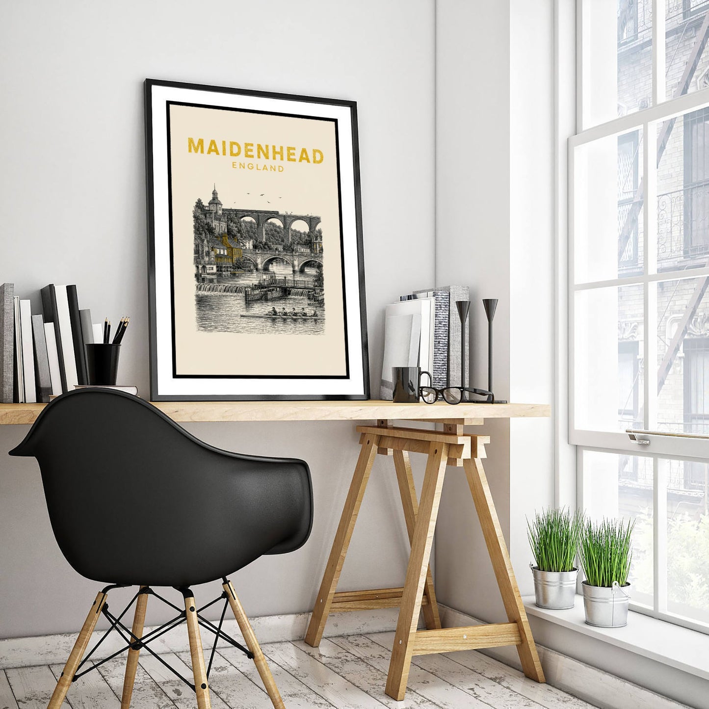 Maidenhead England Travel Poster - Vintage Duotone Art Print - Engraved City Illustration - Railway Bridge and River 3/3