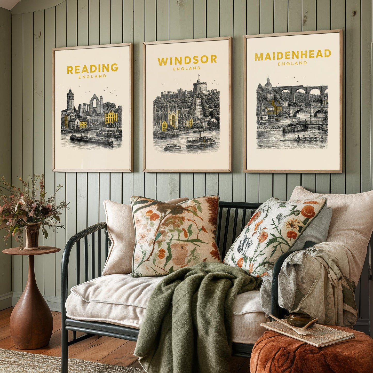 Set of Three Berkshire Travel Posters - Reading, Windsor, Maidenhead - Vintage Duotone Art Prints - England Illustration Gift