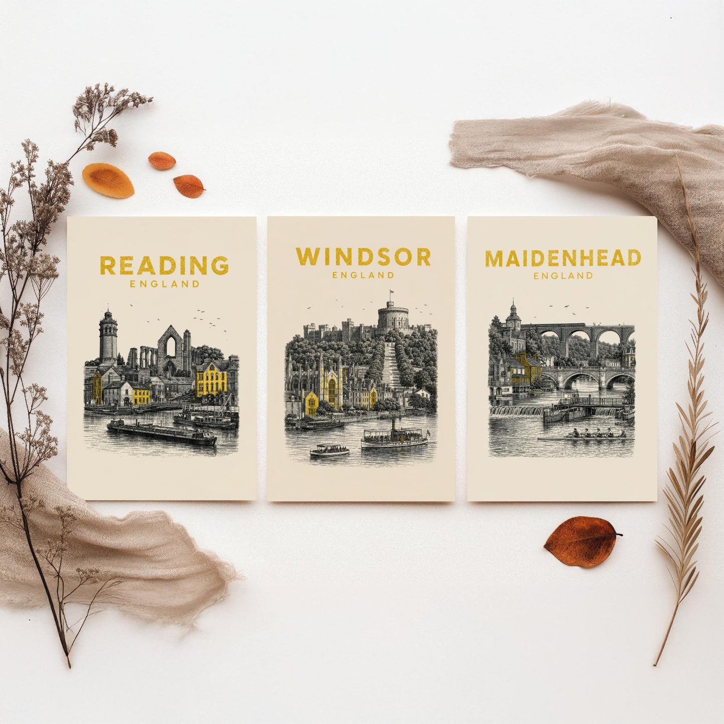 Set of Three Berkshire Travel Posters - Reading, Windsor, Maidenhead - Vintage Duotone Art Prints - England Illustration Gift