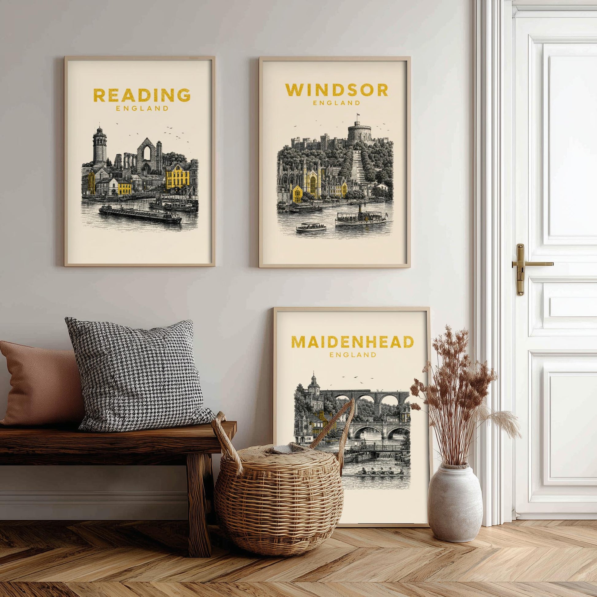 Set of Three Berkshire Travel Posters - Reading, Windsor, Maidenhead - Vintage Duotone Art Prints - England Illustration Gift