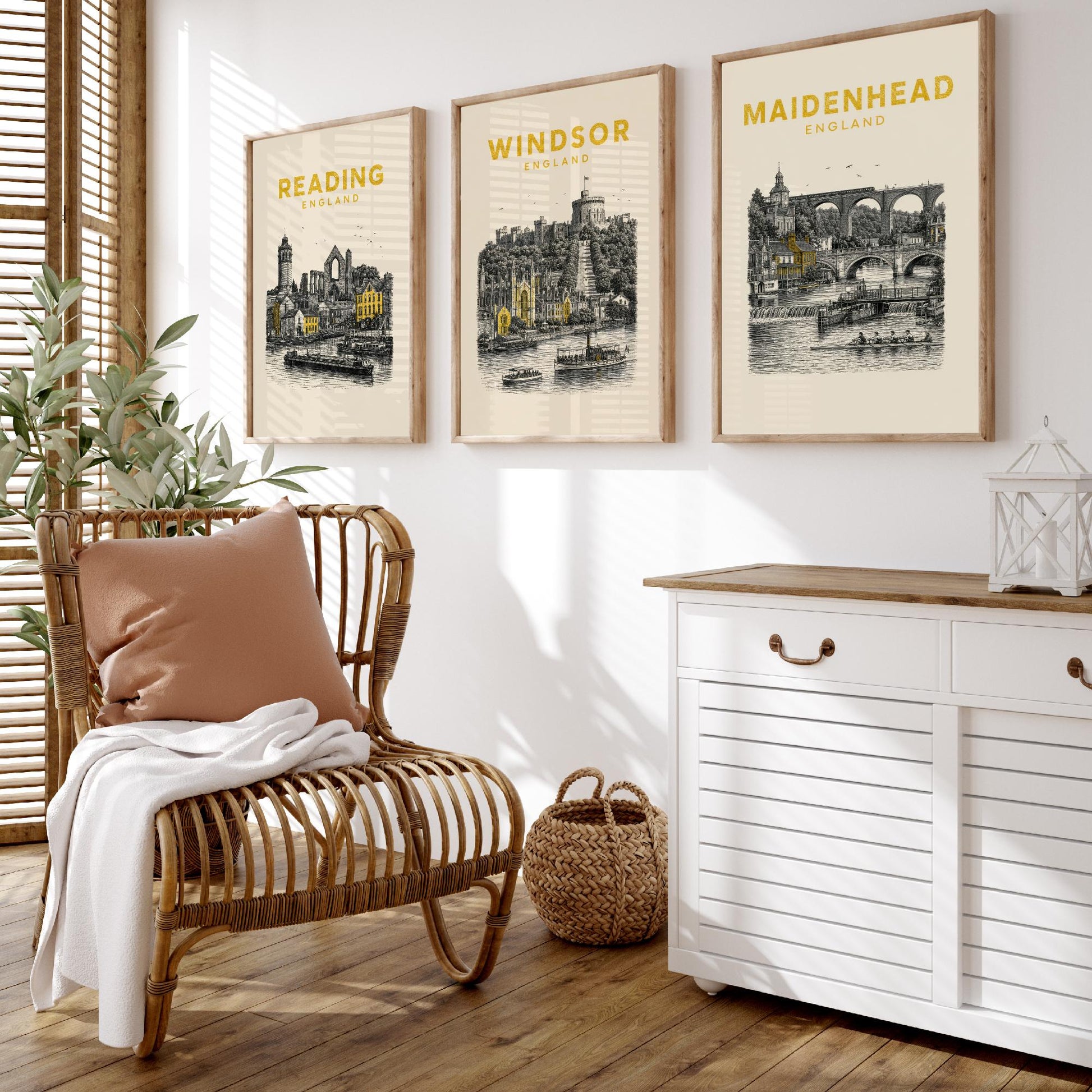 Set of Three Berkshire Travel Posters - Reading, Windsor, Maidenhead - Vintage Duotone Art Prints - England Illustration Gift