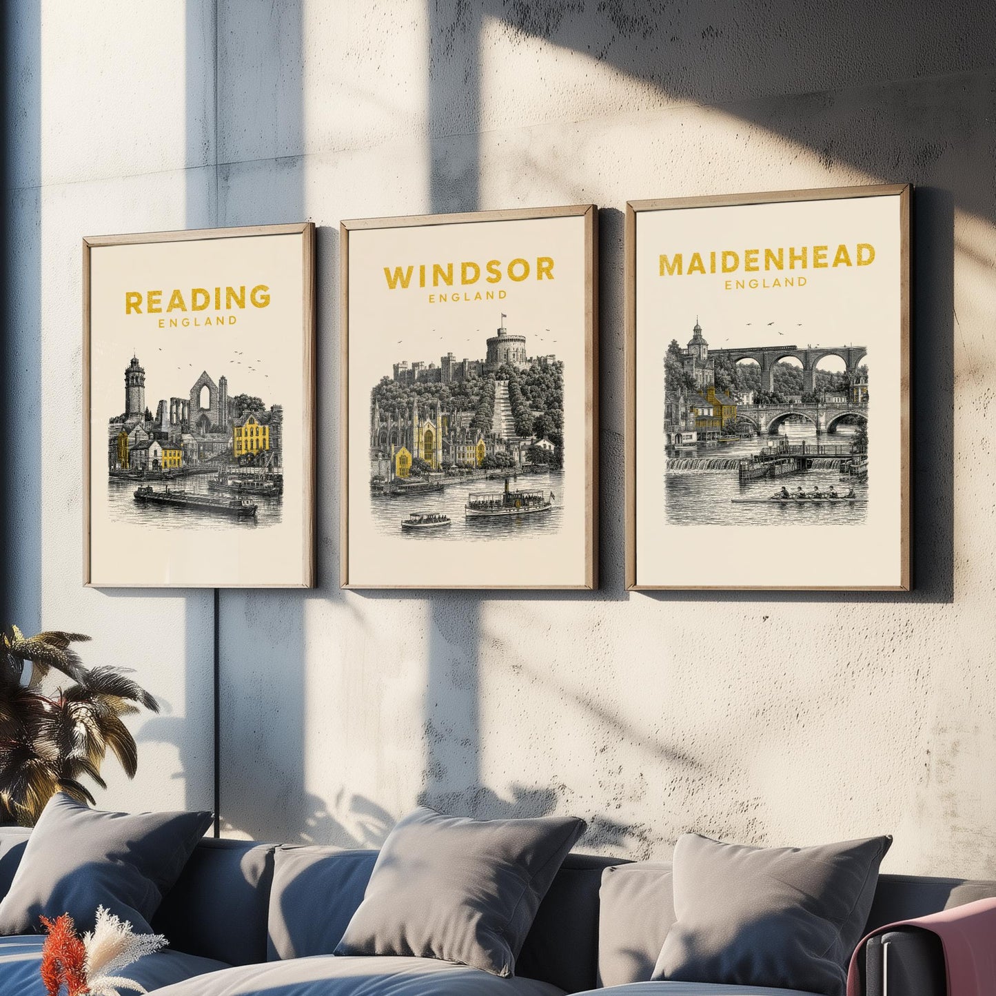 Set of Three Berkshire Travel Posters - Reading, Windsor, Maidenhead - Vintage Duotone Art Prints - England Illustration Gift
