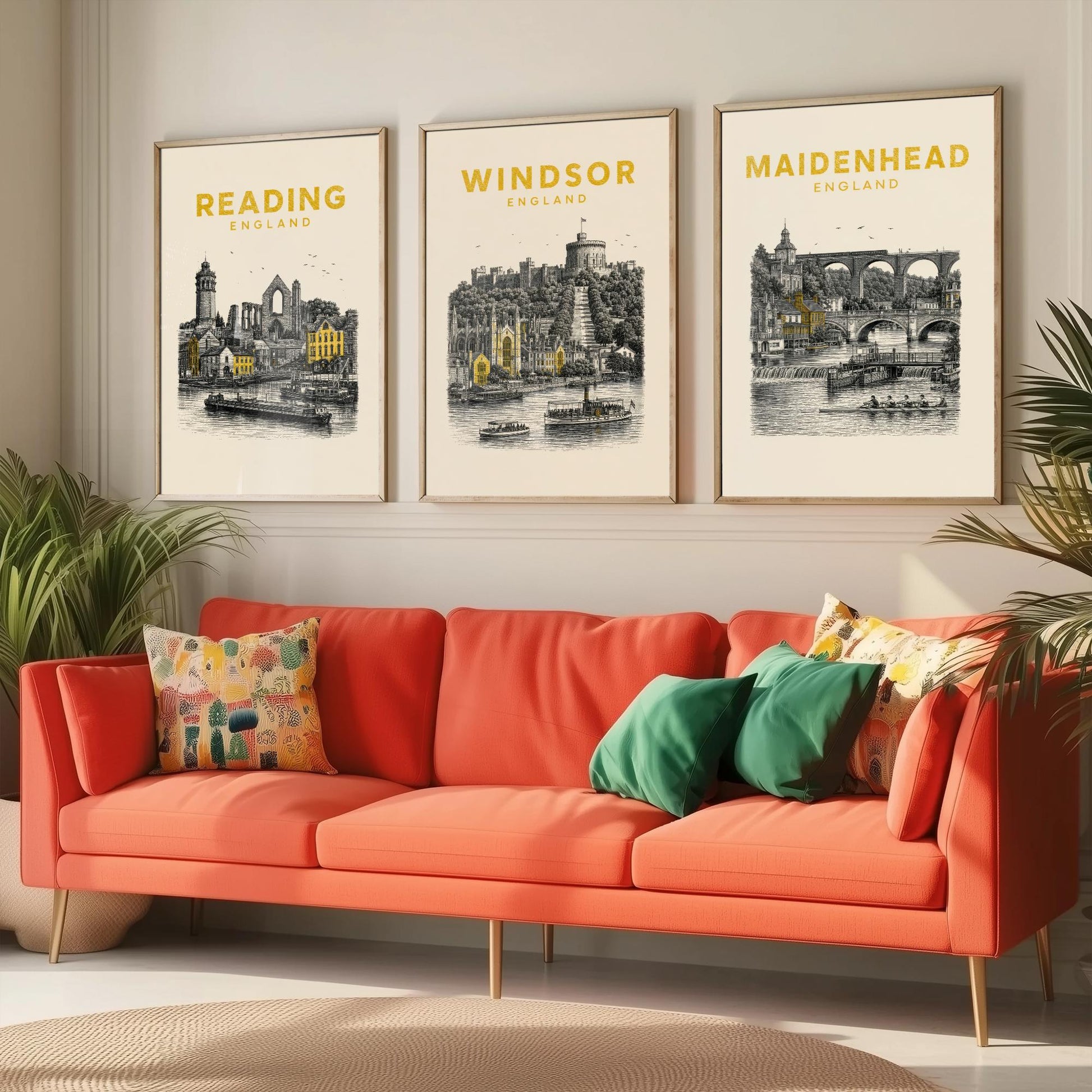 Set of Three Berkshire Travel Posters - Reading, Windsor, Maidenhead - Vintage Duotone Art Prints - England Illustration Gift