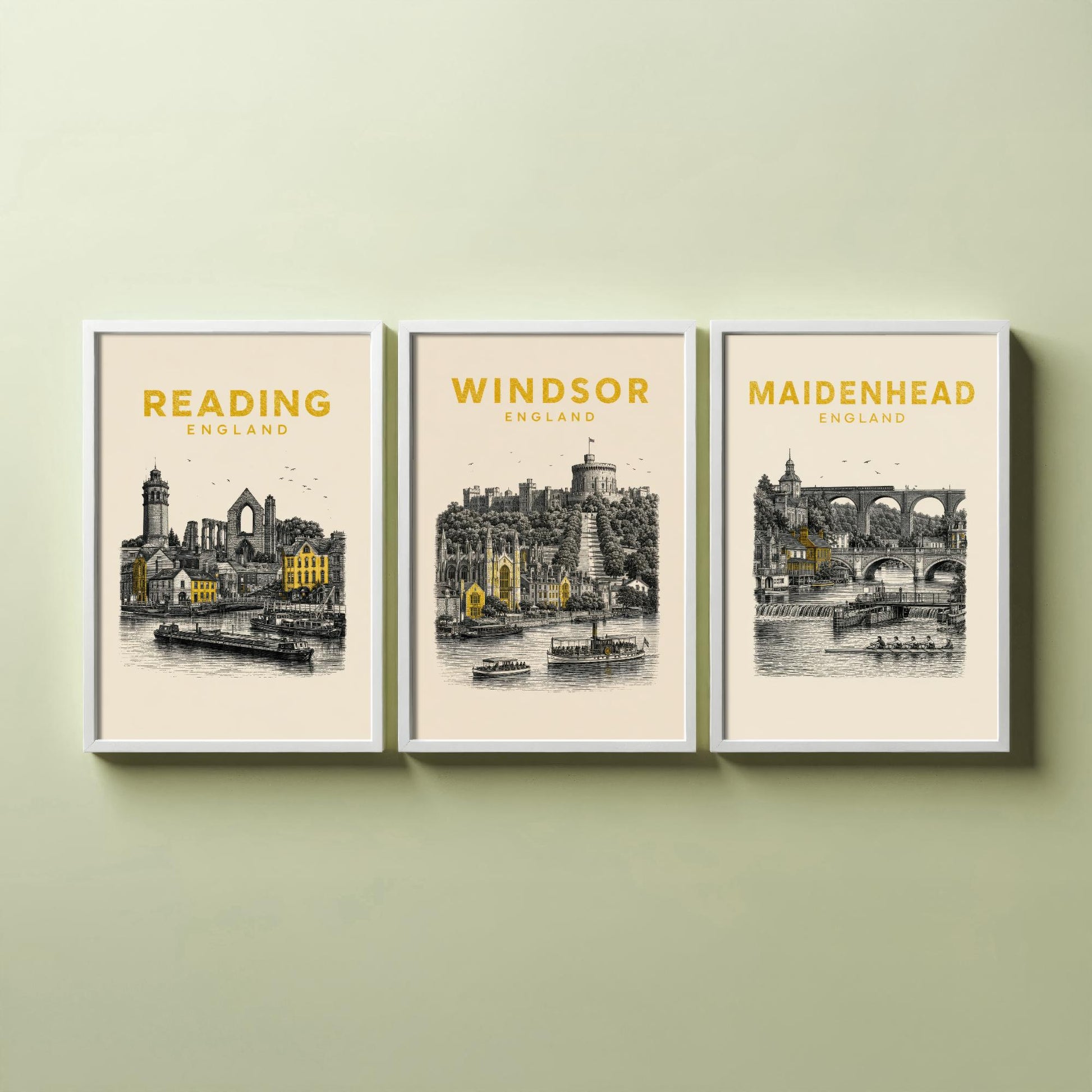 Set of Three Berkshire Travel Posters - Reading, Windsor, Maidenhead - Vintage Duotone Art Prints - England Illustration Gift