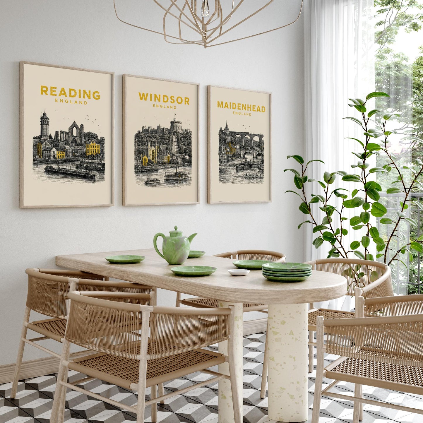 Set of Three Berkshire Travel Posters - Reading, Windsor, Maidenhead - Vintage Duotone Art Prints - England Illustration Gift