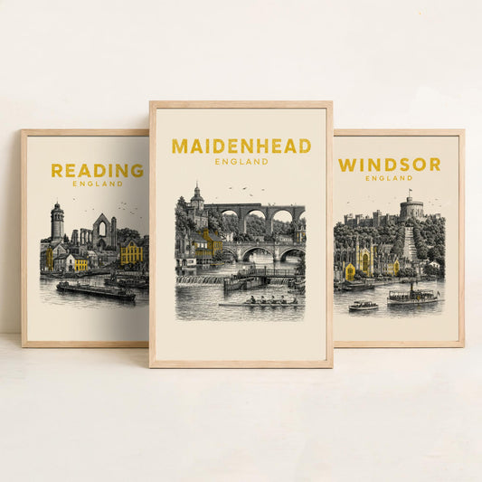 Set of Three Berkshire Travel Posters - Reading, Windsor, Maidenhead - Vintage Duotone Art Prints - England Illustration Gift